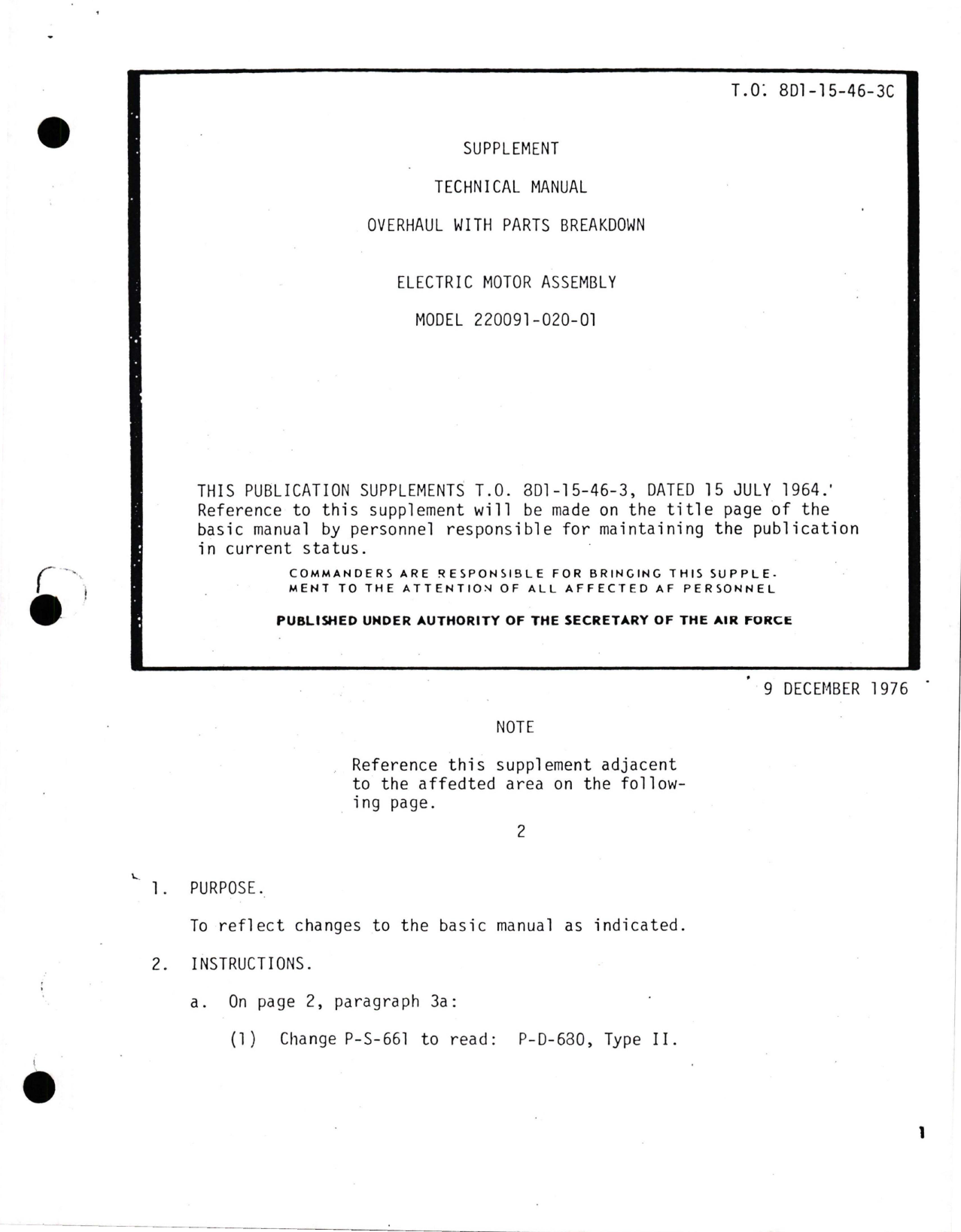 Sample page 1 from AirCorps Library document: Supplement to Overhaul with Parts Breakdown for Electric Motor Assembly - Model 220091-020-01