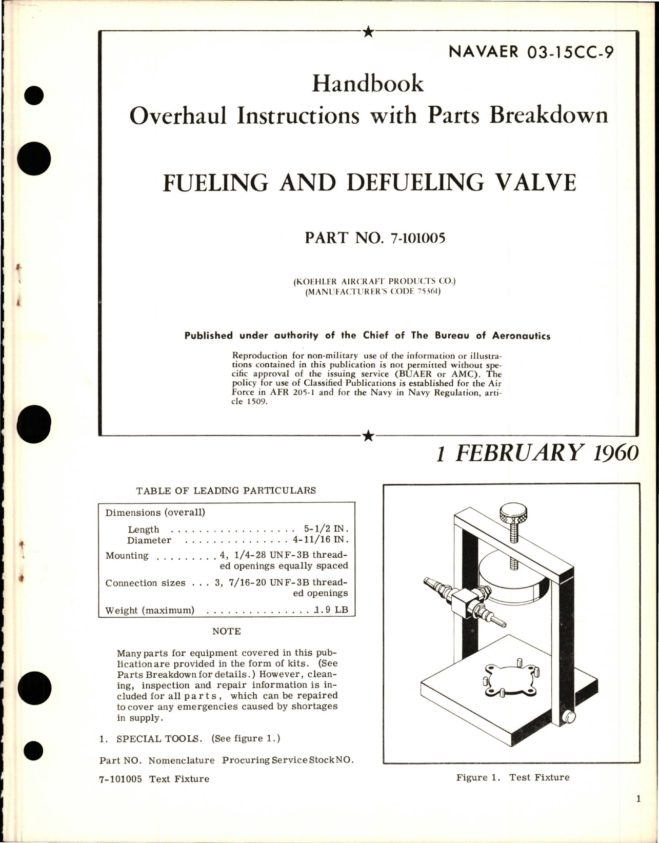 Sample page 1 from AirCorps Library document: Overhaul Instructions with Parts Breakdown for Fueling and Defueling Valve - Part 7-101005