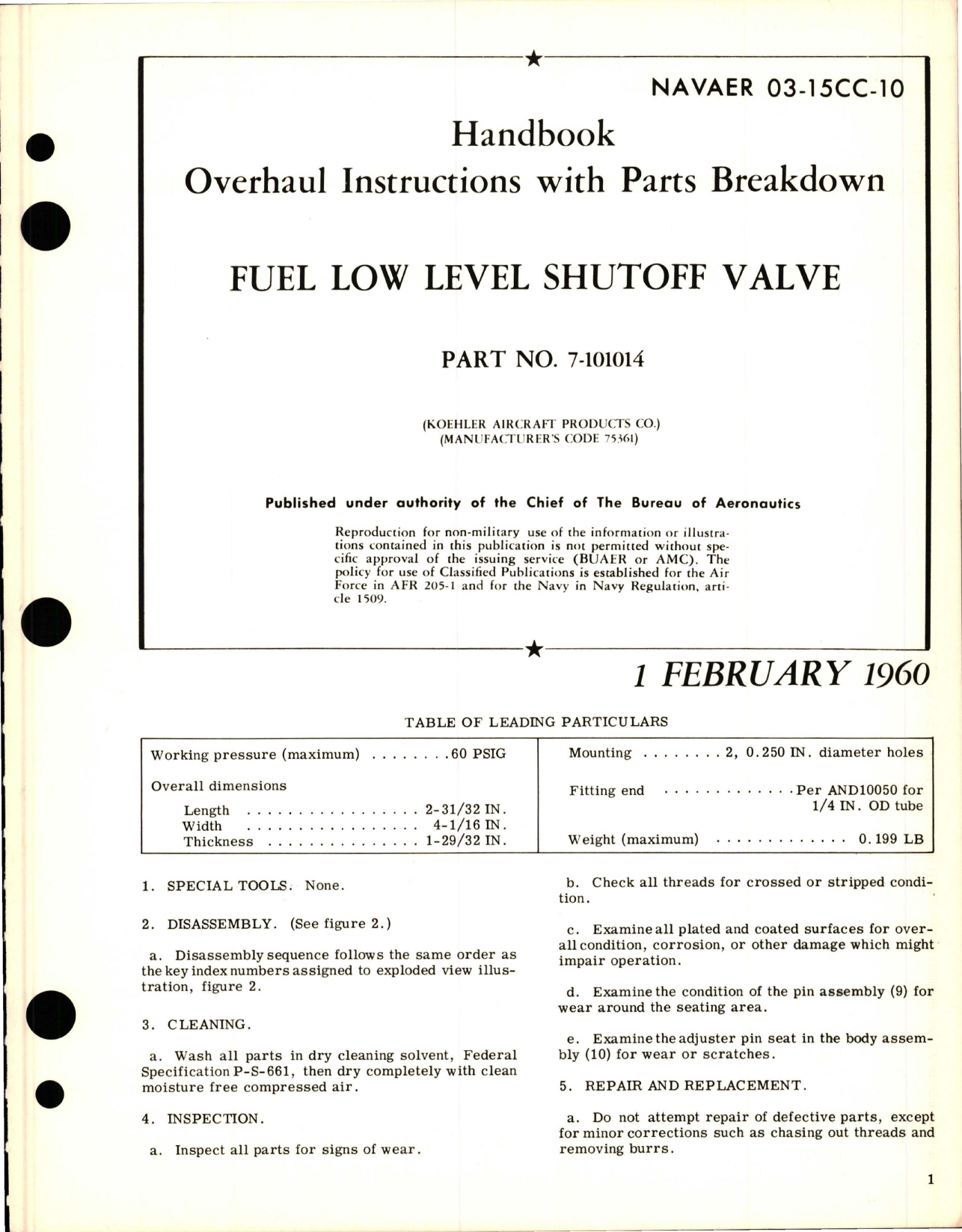 Sample page 1 from AirCorps Library document: Overhaul Instructions with Parts for Fuel Low Level Shutoff Valve - Part 7-101014