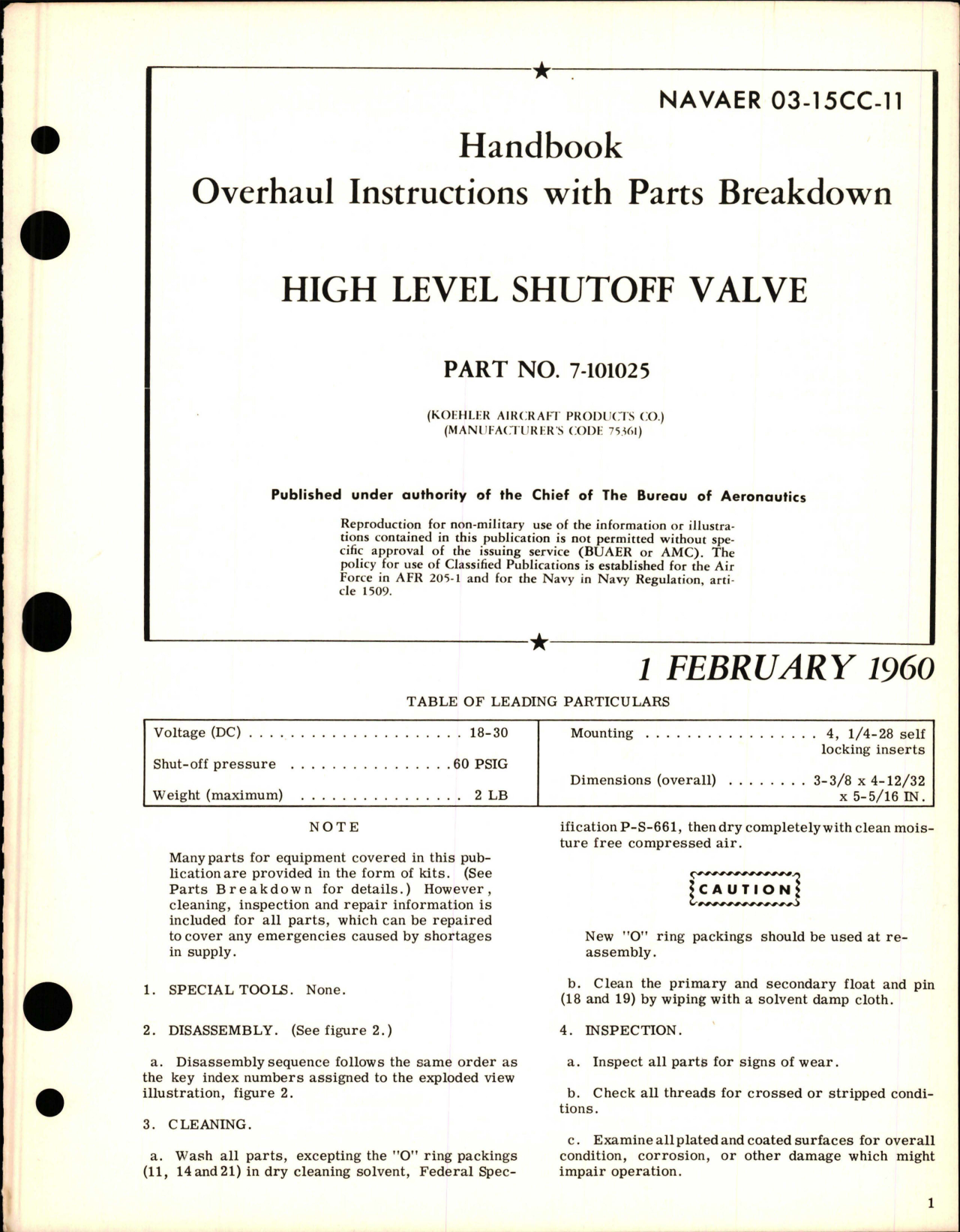 Sample page 1 from AirCorps Library document: Overhaul Instructions with Parts Breakdown for High Level Shutoff Valve - Part 7-101025