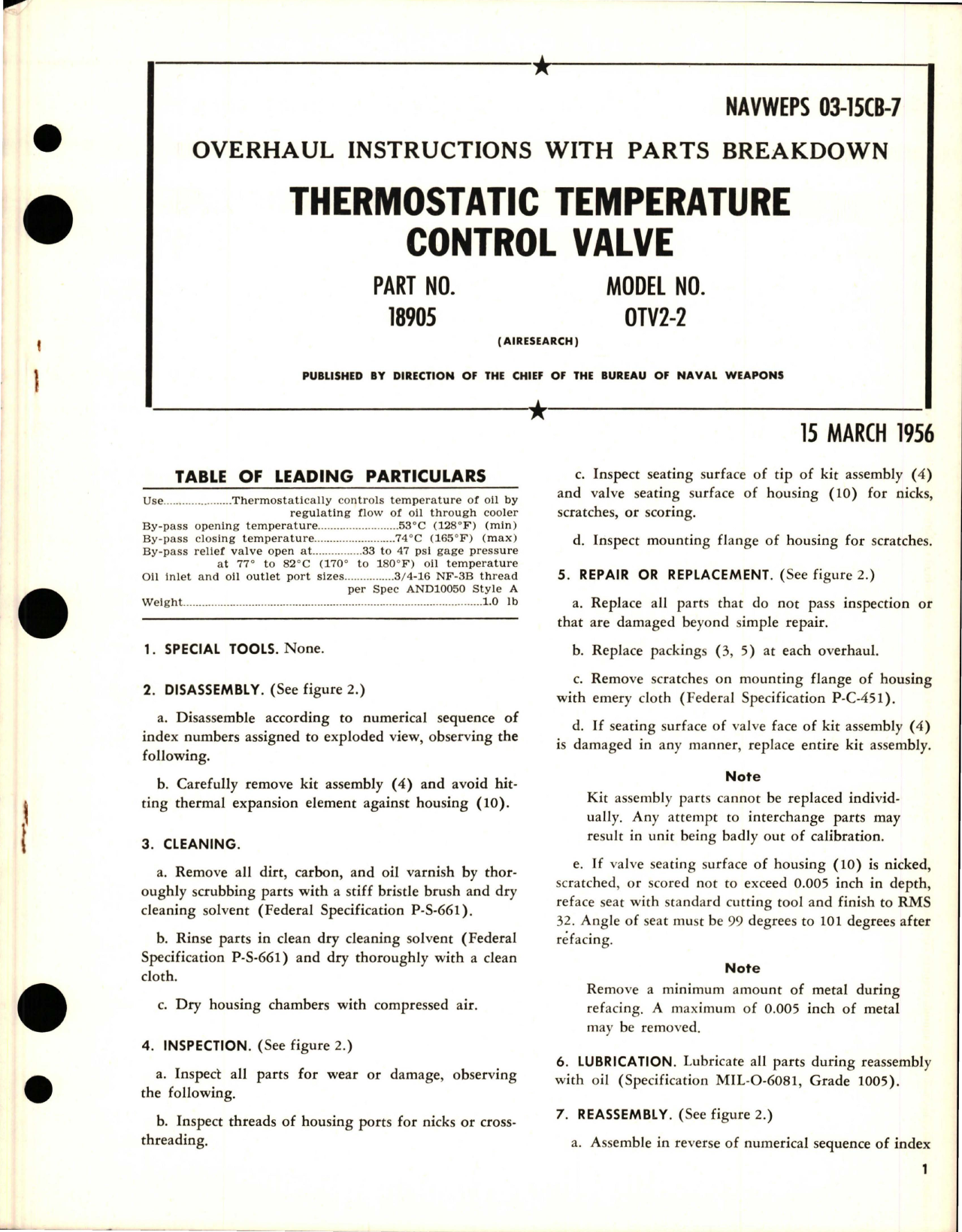 Sample page 1 from AirCorps Library document: Overhaul Instructions with Parts for Thermostatic Temperature Control Valve - Part 18905 - Model OTV2-2