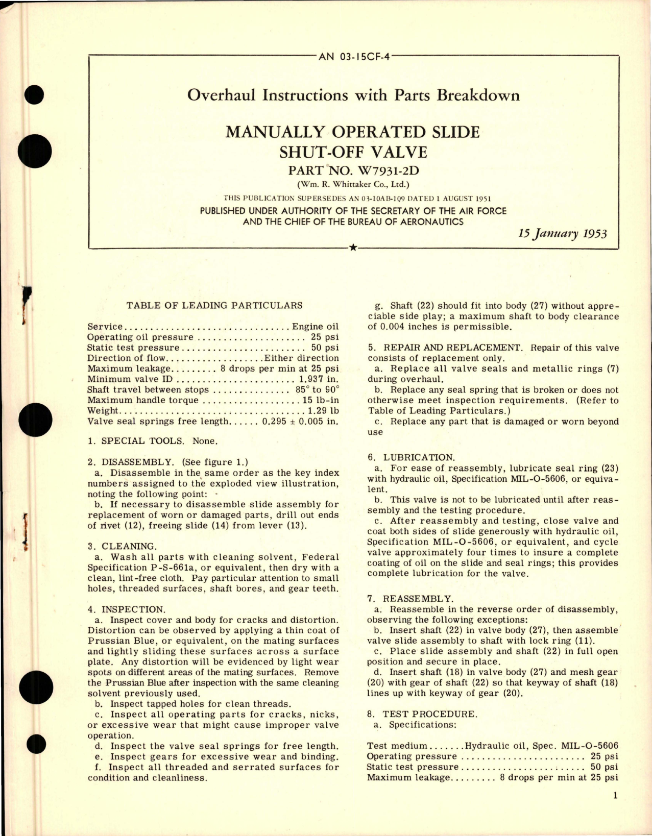 Sample page 1 from AirCorps Library document: Overhaul Instructions with Parts for Manually Operated Slide Shut-Off Valve - Part W7931-2D 