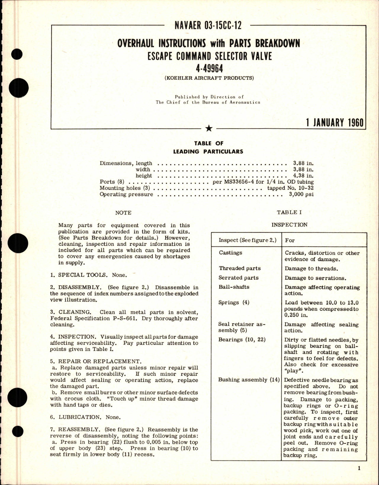 Sample page 1 from AirCorps Library document: Overhaul Instructions with Parts Breakdown for Escape Command Selector Valve - Part 4-49964