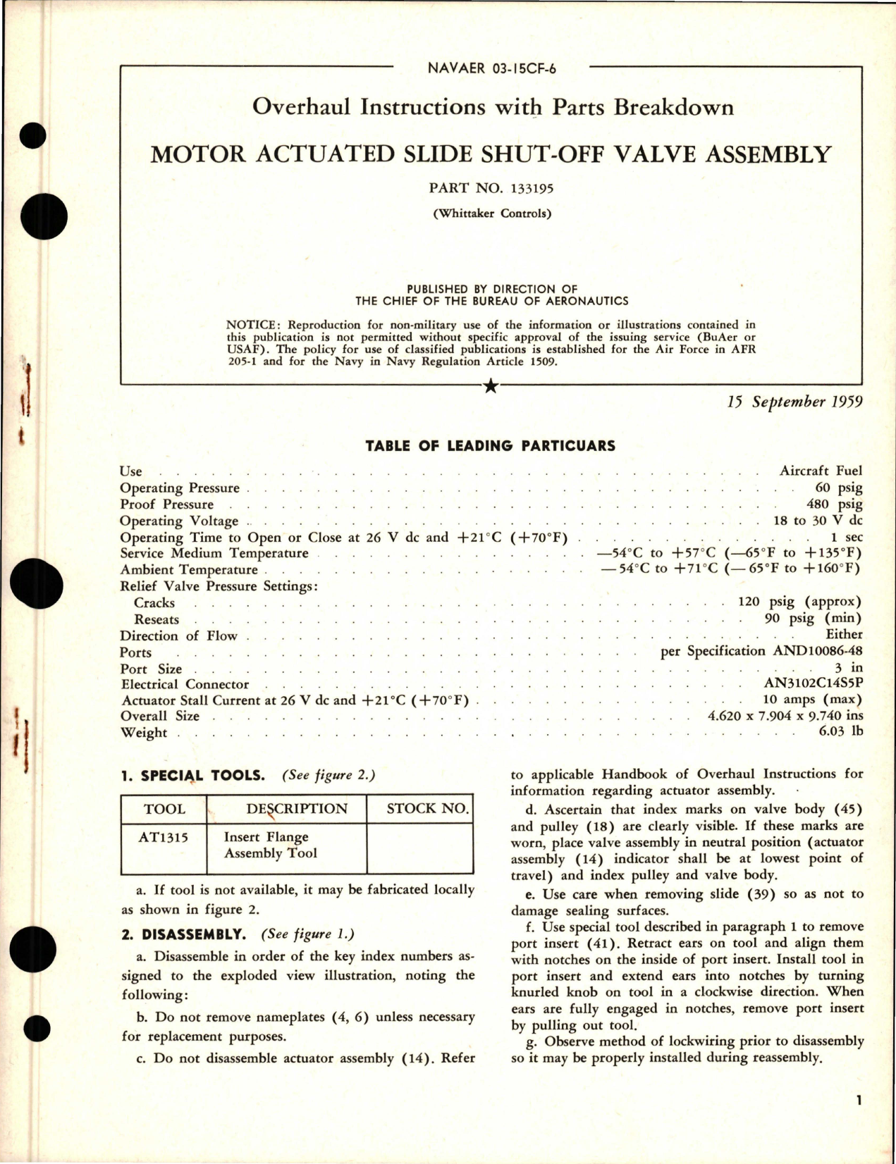 Sample page 1 from AirCorps Library document: Overhaul Instructions with Parts Breakdown for Motor Actuated Slide Shut Off Valve Assembly - Part 133195