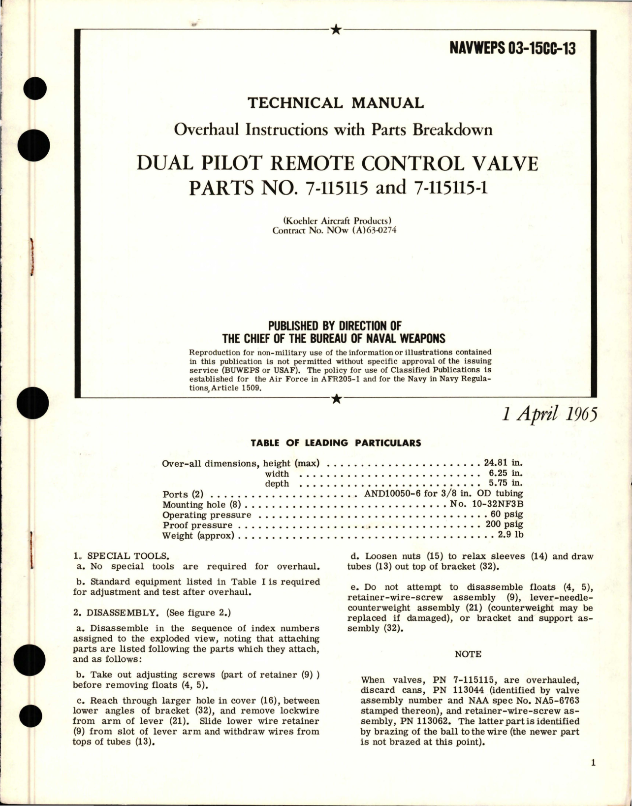 Sample page 1 from AirCorps Library document: Overhaul Instructions with Parts for Dual Pilot Remote Control Valve - Parts 7-115115 and 7-115115-1