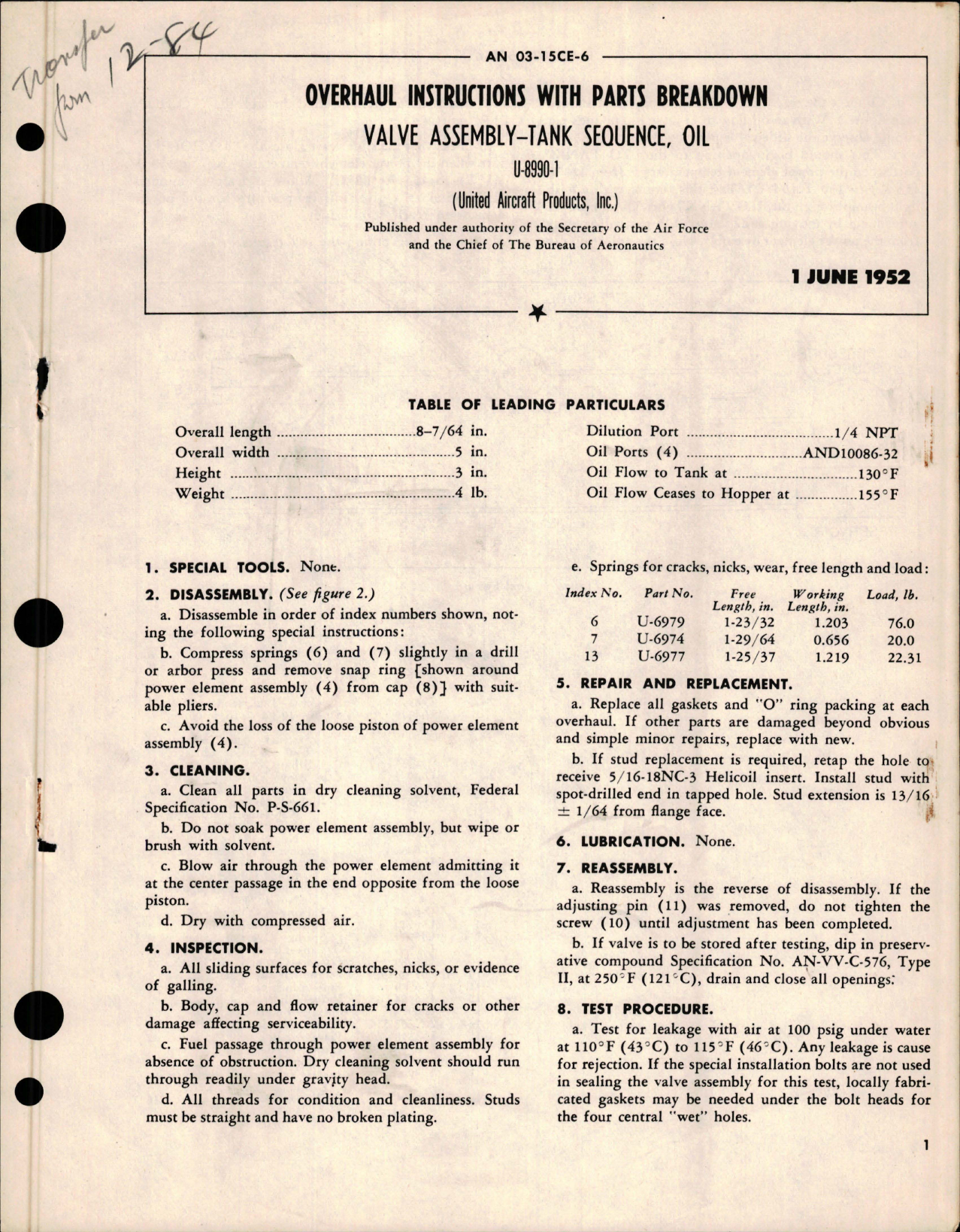 Sample page 1 from AirCorps Library document: Overhaul Instructions with Parts for Oil Tank Sequence Valve Assembly - U-8990-1