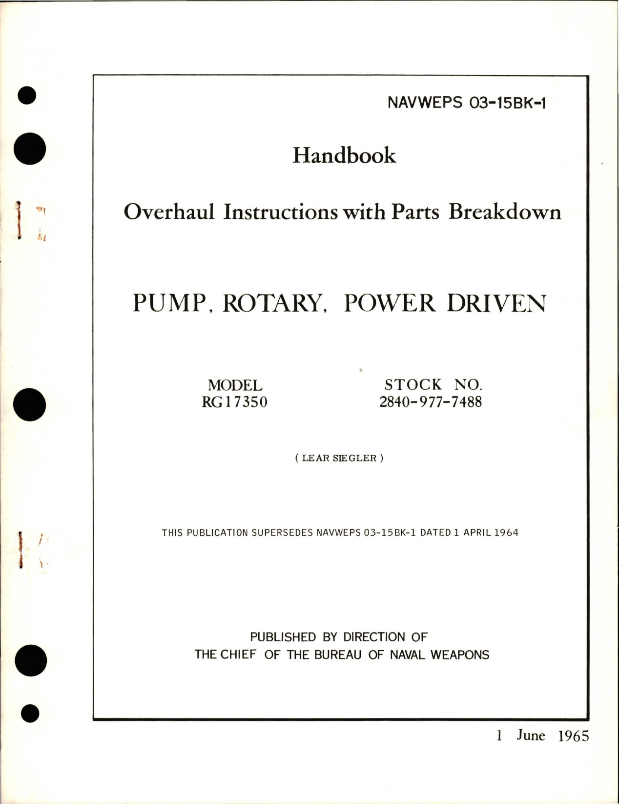 Sample page 1 from AirCorps Library document: Overhaul Instructions with Parts Breakdown for Power Driven Rotary Pump - Model RG17350
