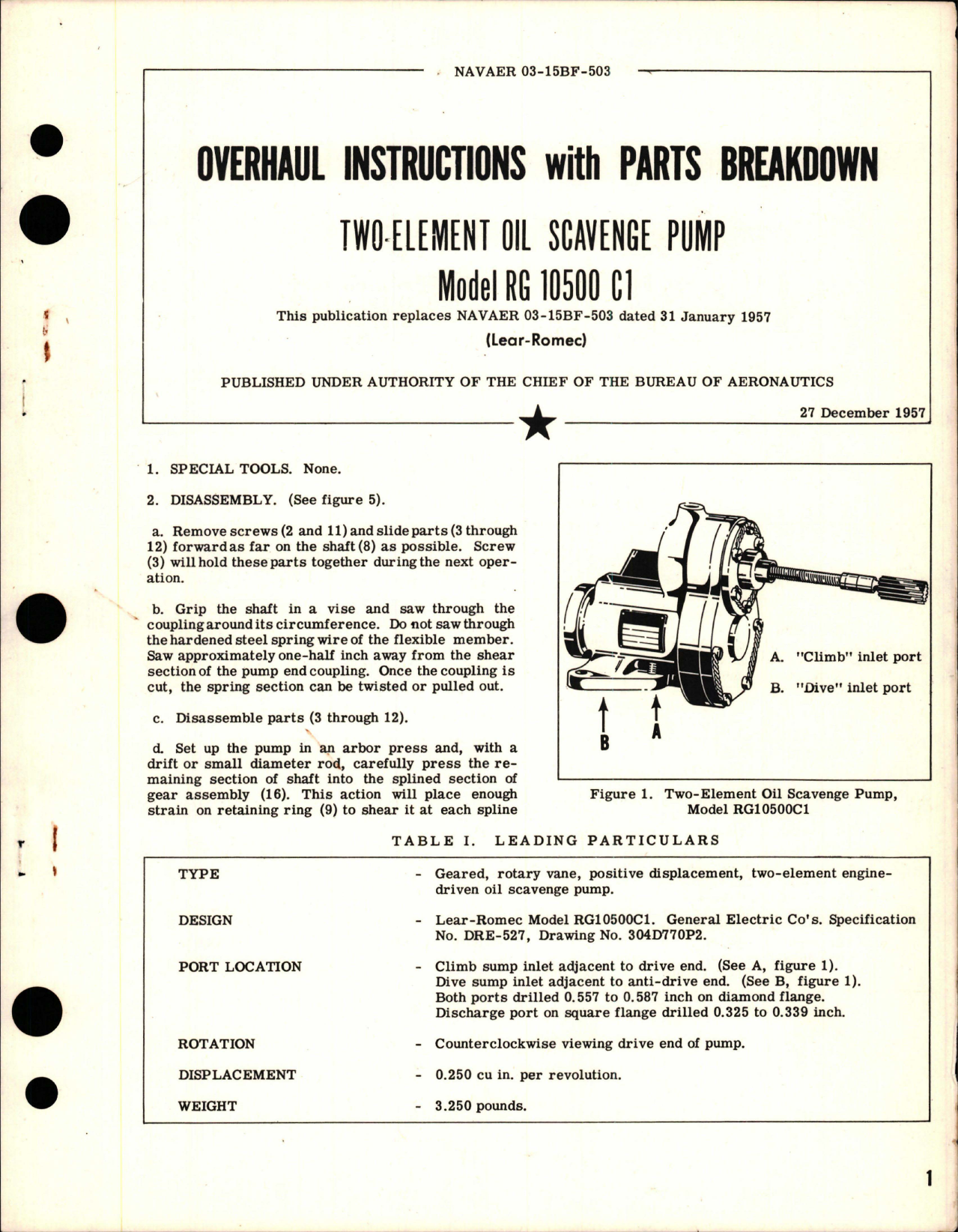 Sample page 1 from AirCorps Library document: Overhaul Instructions with Parts for Two Element Oil Scavenge Pump - Model RG10500 C1