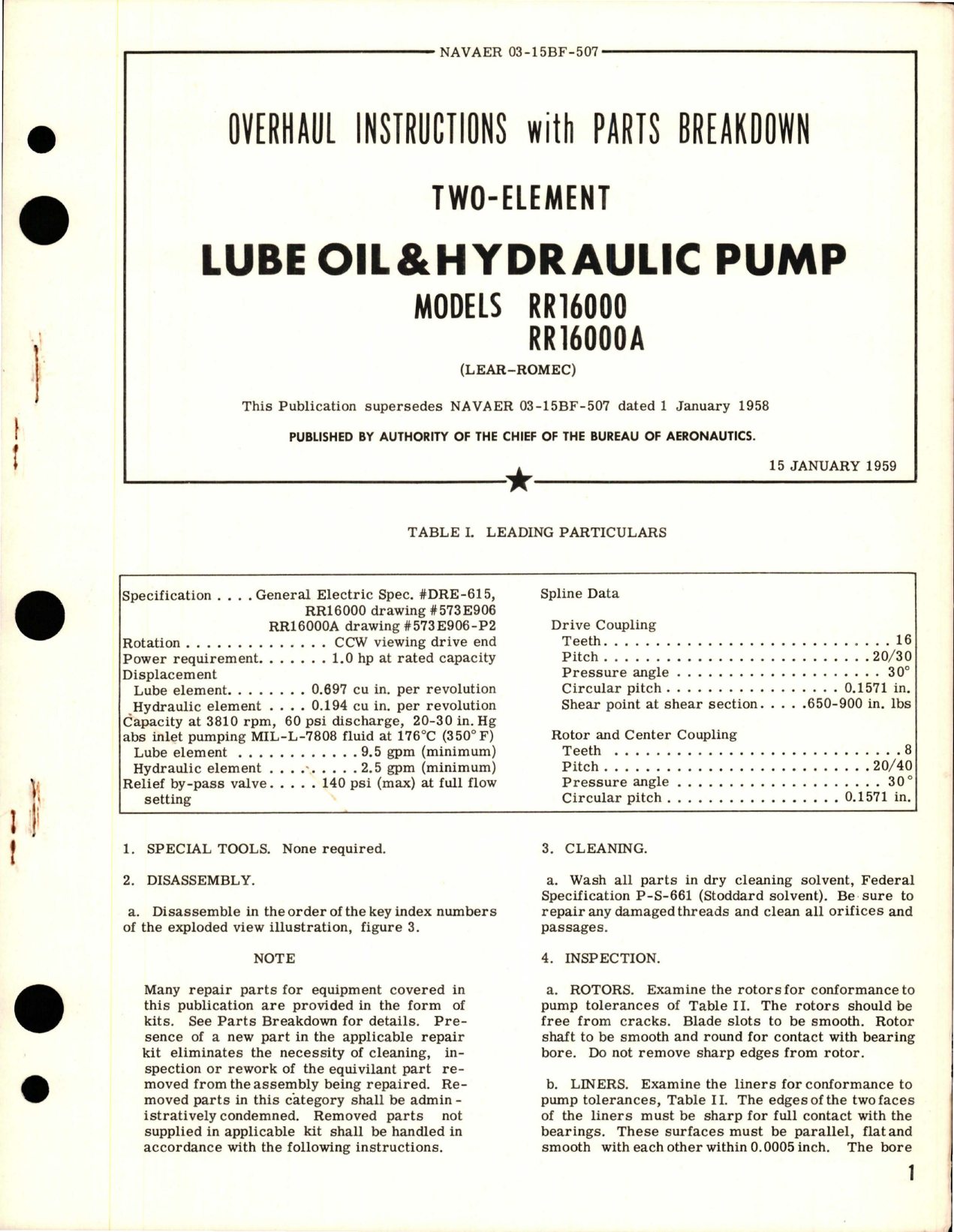 Sample page 1 from AirCorps Library document: Overhaul Instructions with Parts for Two Element Lube Oil & Hydraulic Pump - Models RR16000 and RR16000A