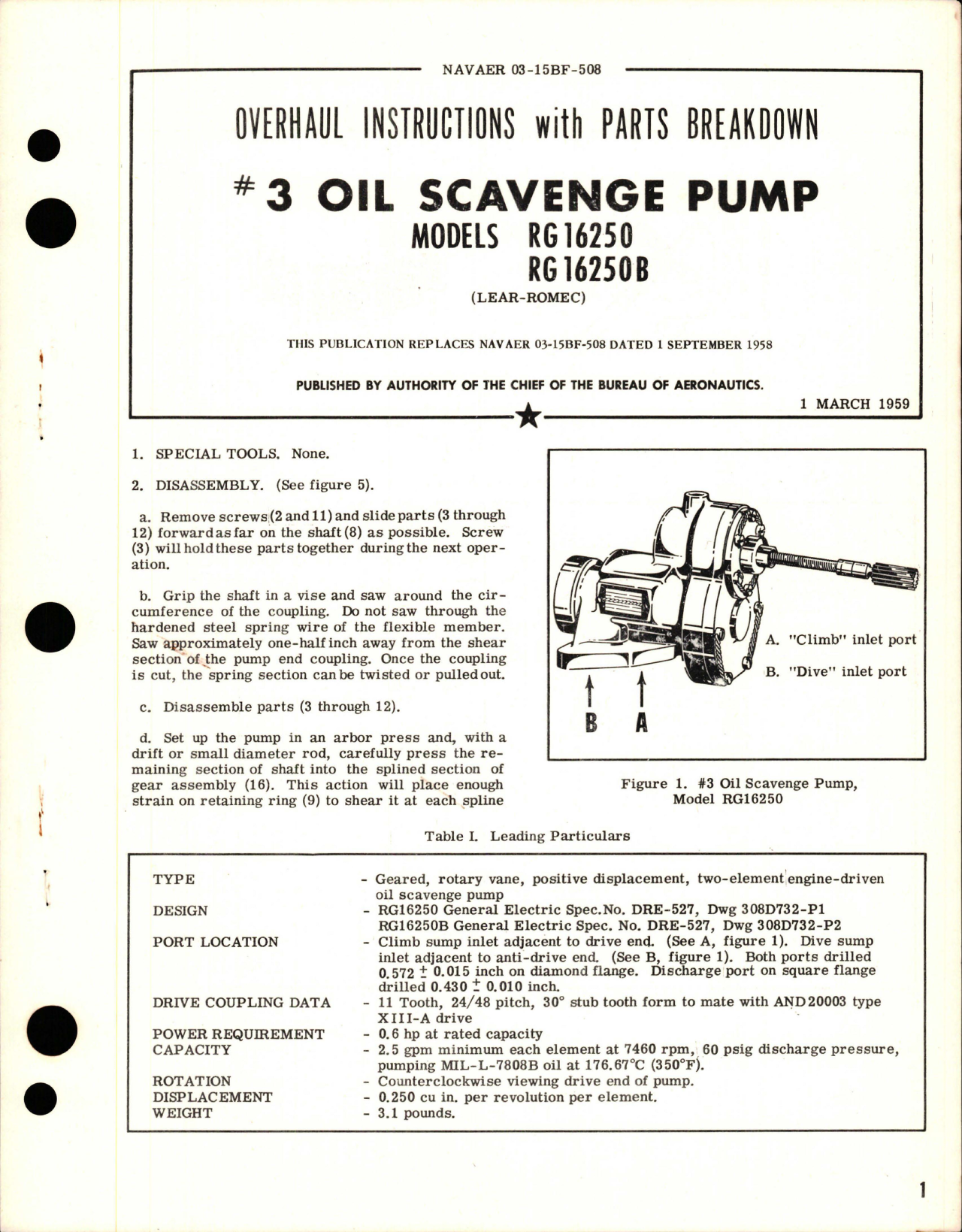 Sample page 1 from AirCorps Library document: Overhaul Instructions with Parts for # 3 Oil Scavenge Pump - Models RG16250 and RG16250B