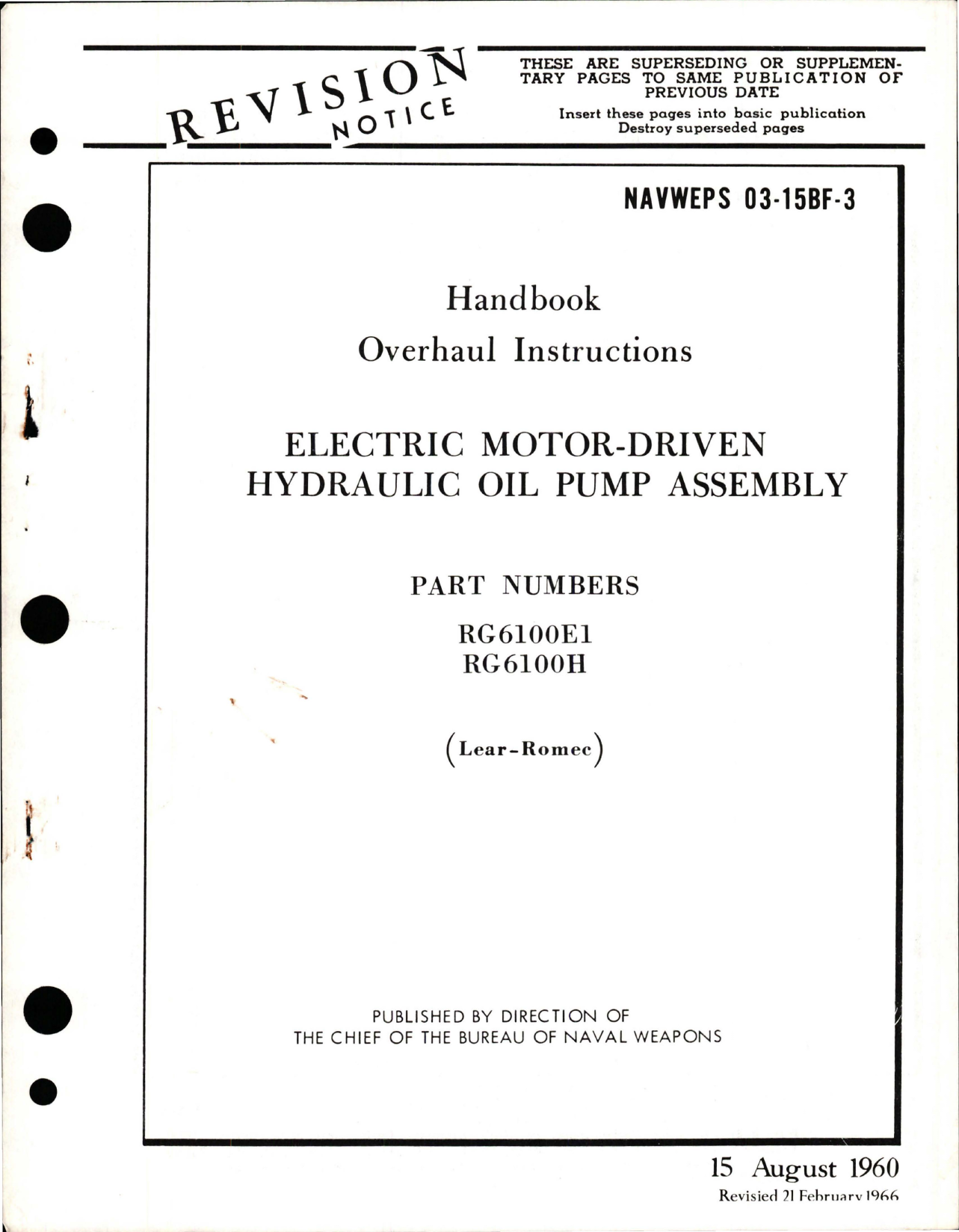 Sample page 1 from AirCorps Library document: Overhaul Instructions for Electric Motor Driven Hydraulic Oil Pump Assembly - Parts RG6100E1 and RG6100H