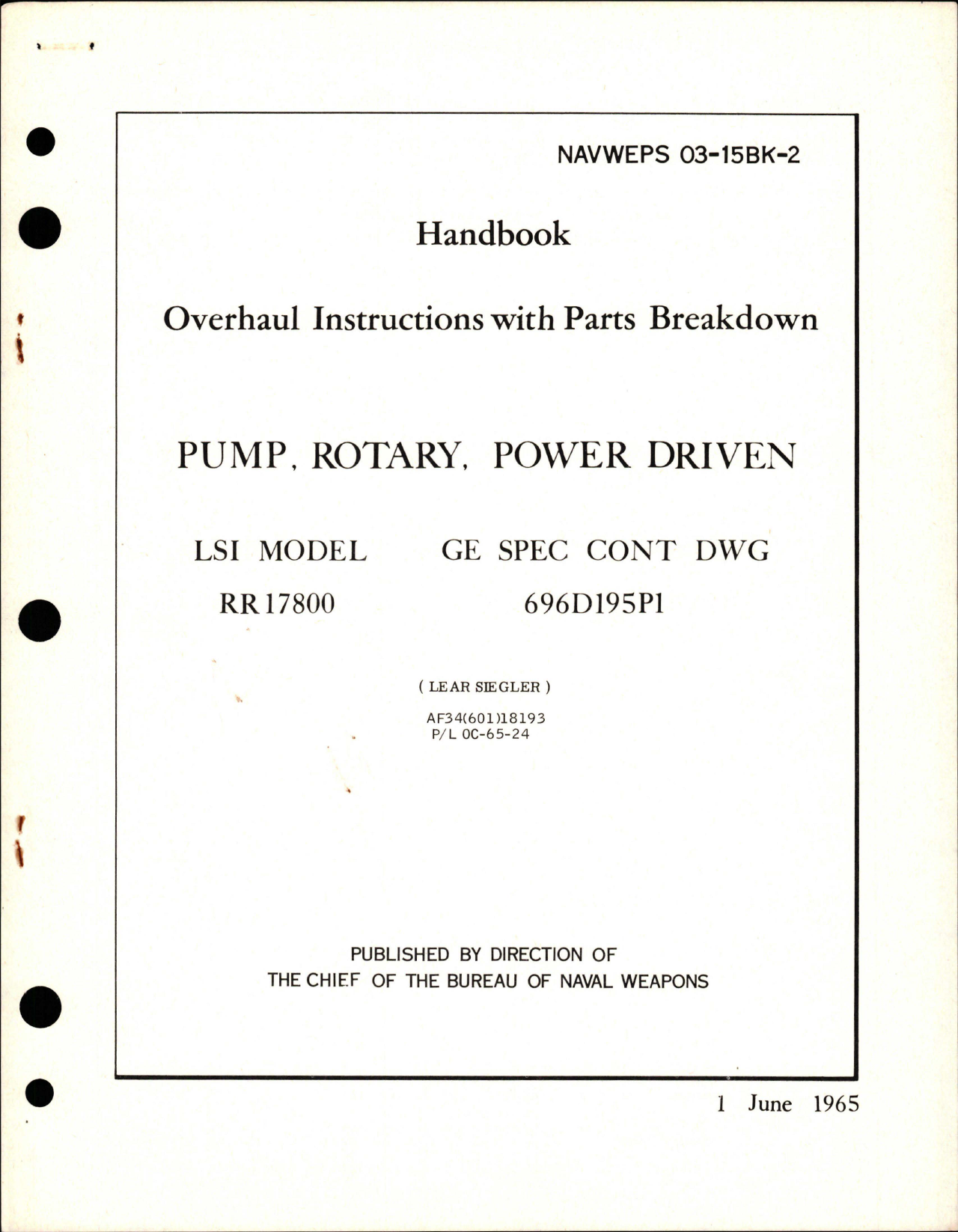 Sample page 1 from AirCorps Library document: Overhaul Instructions with Parts for Power Driven Rotary Pump - Model RR17800,