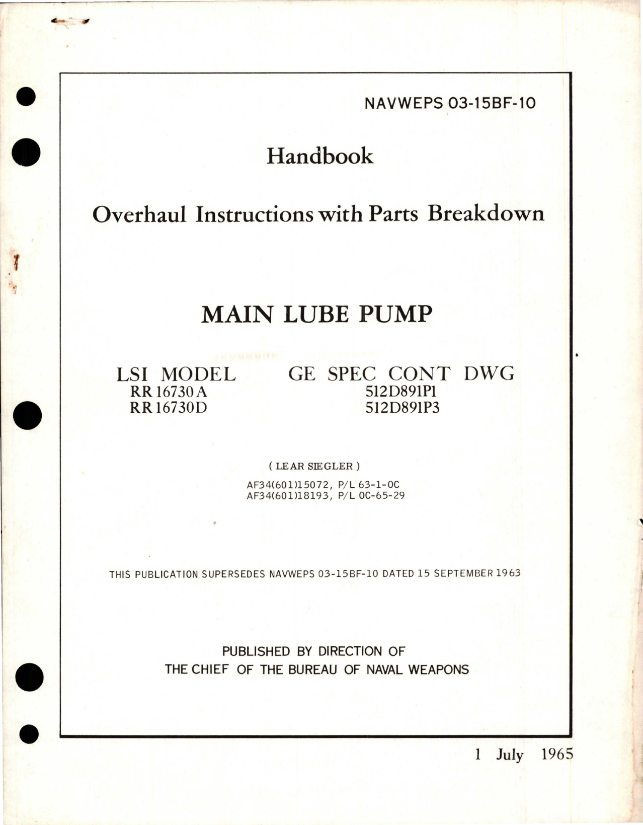 Sample page 1 from AirCorps Library document: Overhaul Instructions with Parts for Main Lube Pump - LSI Model RR16730A and RR16730D 