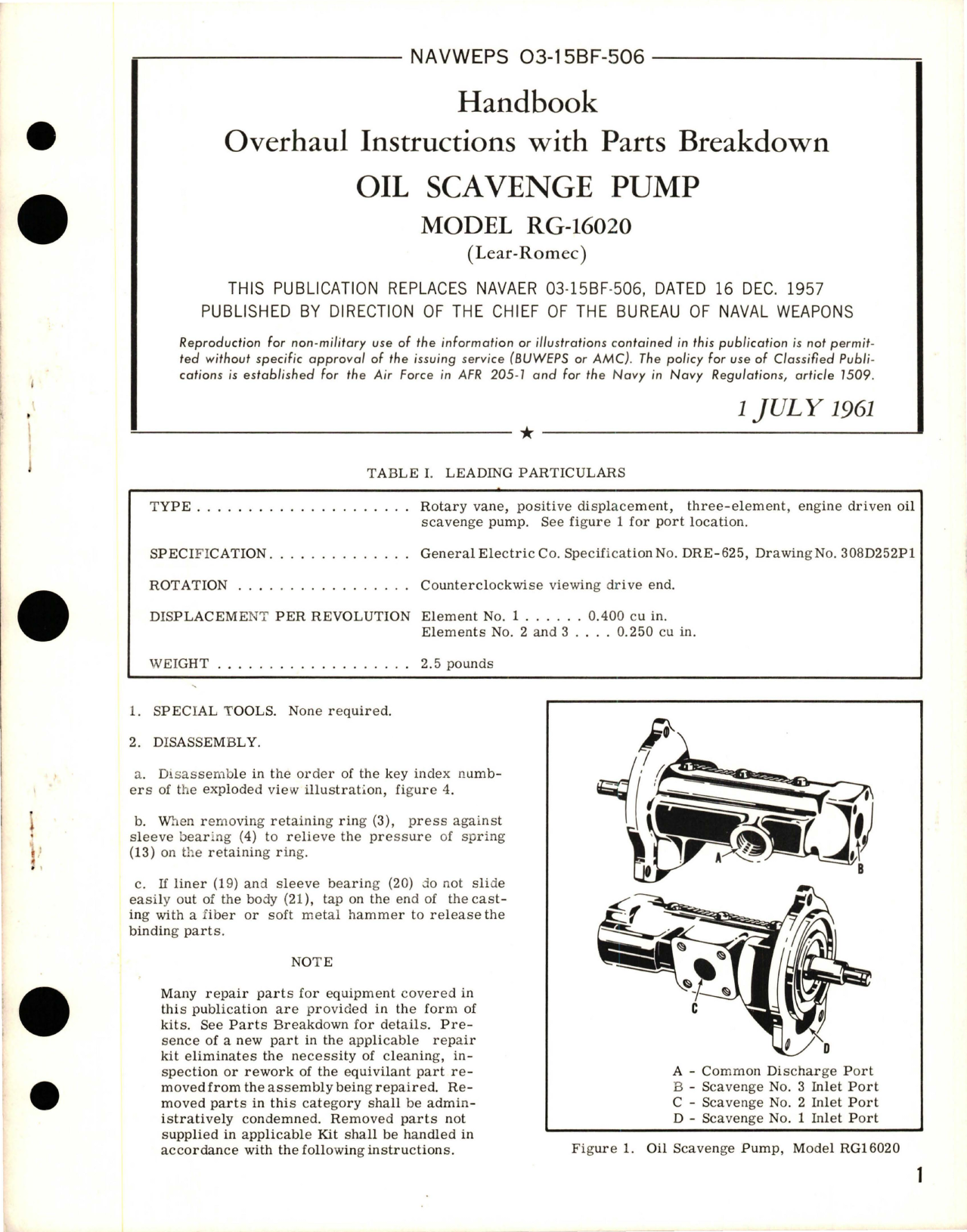 Sample page 1 from AirCorps Library document: Overhaul Instructions with Parts for Oil Scavenge Pump - Model RG-16020