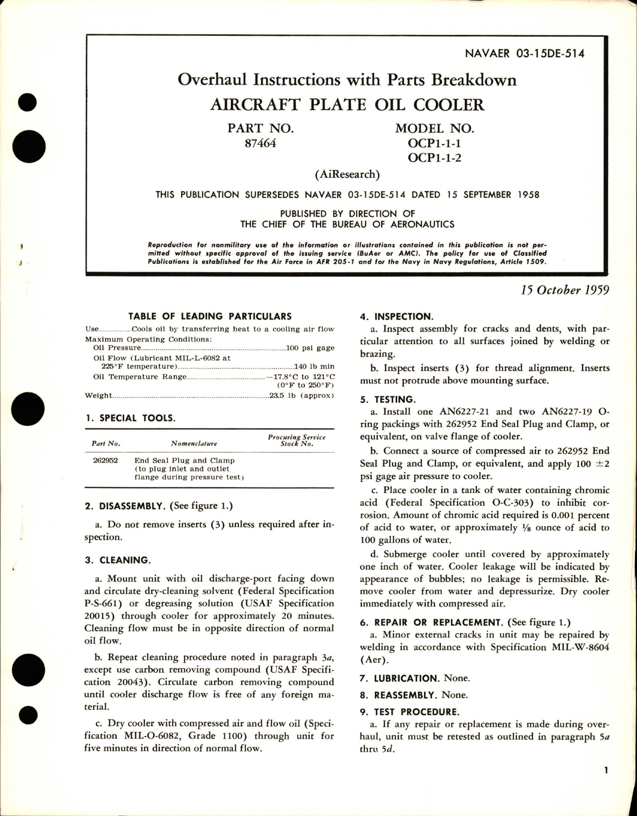 Sample page 1 from AirCorps Library document: Overhaul Instructions with Parts for Aircraft Plate Oil Cooler - Part 87464 - Models OCP1-1-1 and OCP1-1-2