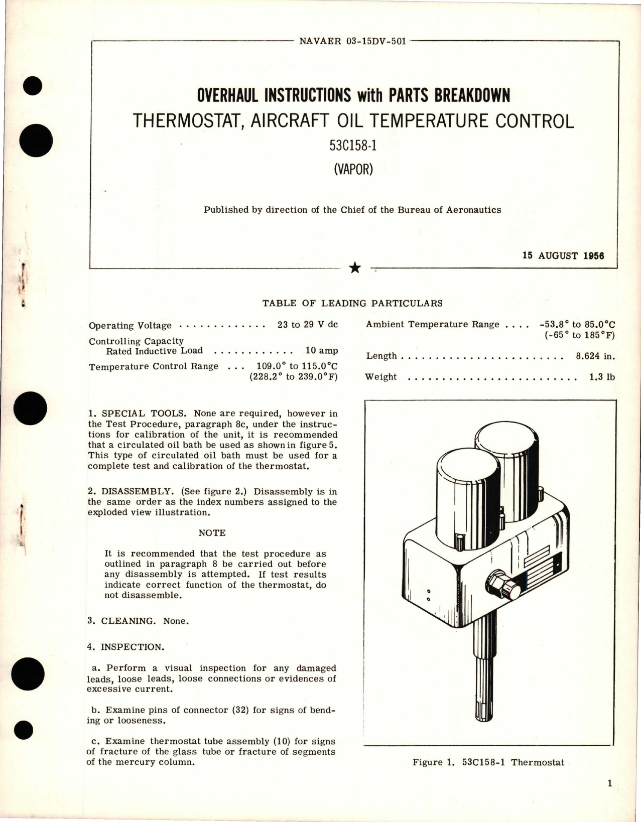 Sample page 1 from AirCorps Library document: Overhaul Instructions with Parts for Aircraft Oil Temperature Control Thermostat - 53C158-1