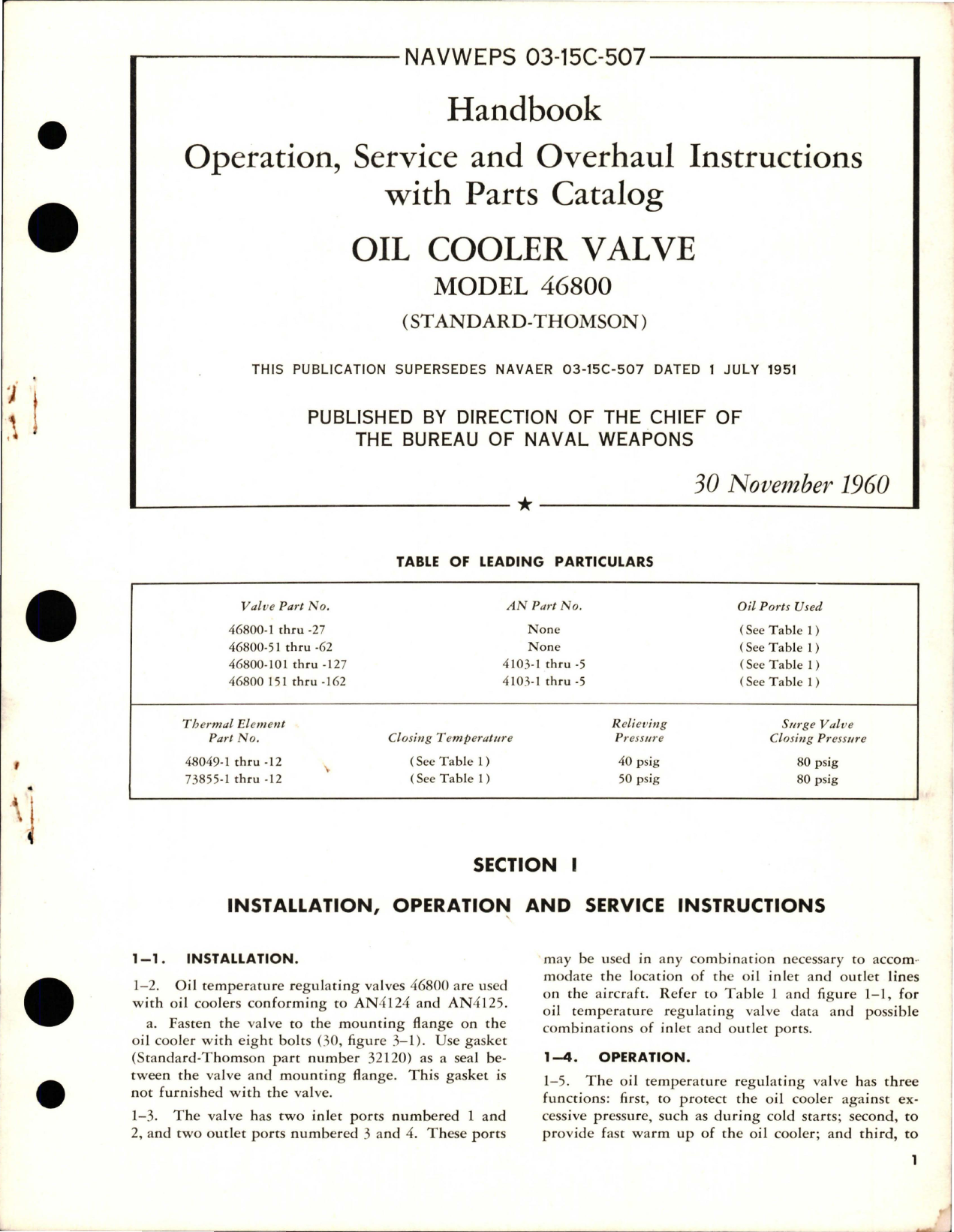 Sample page 1 from AirCorps Library document: Operation, Service and Overhaul Instructions with Parts Catalog for Oil Cooler Valve - Model 46800