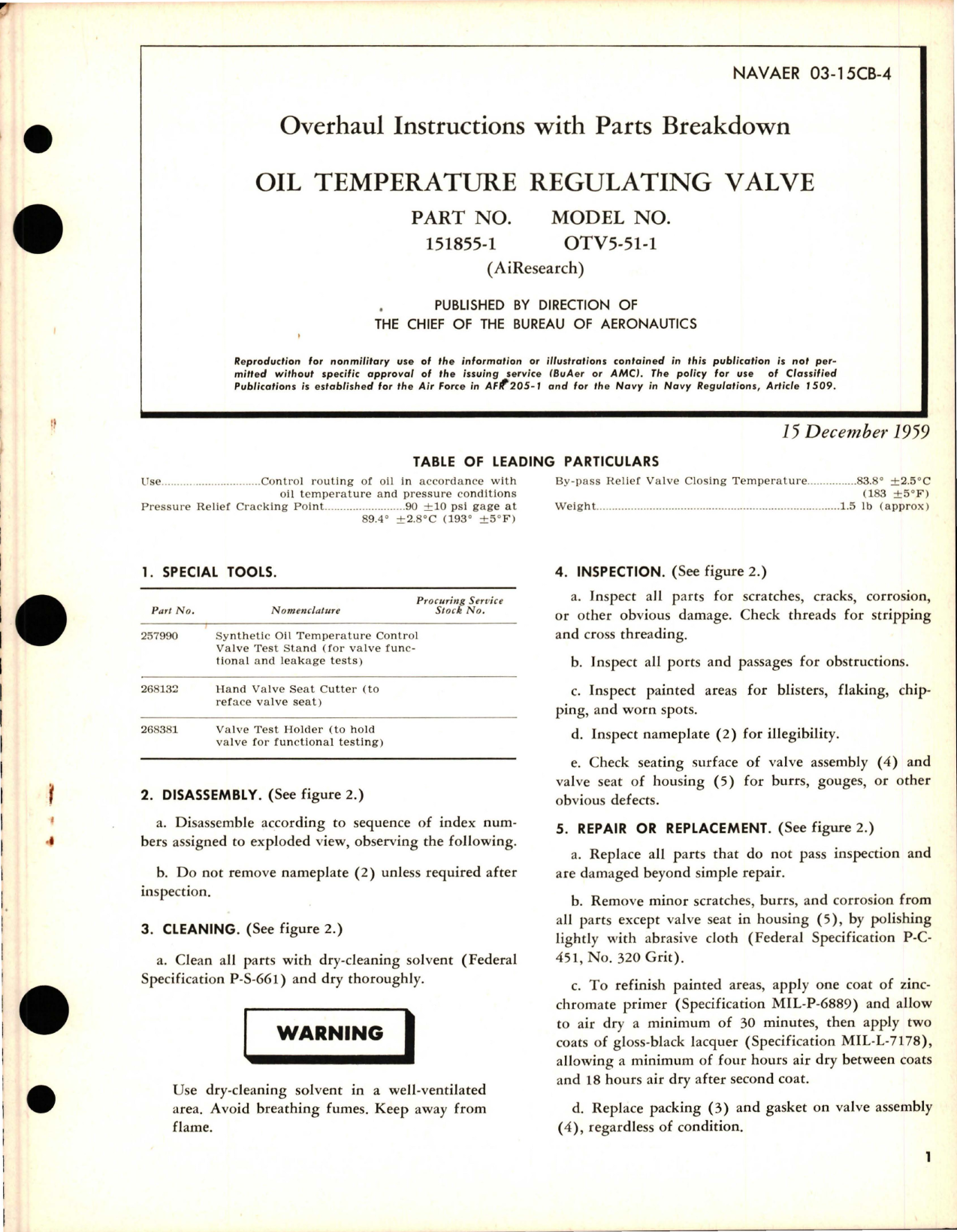 Sample page 1 from AirCorps Library document: Overhaul Instructions with Parts for Oil Temperature Regulating Valve - Part 151855-1 -  Model OTV5-51-1