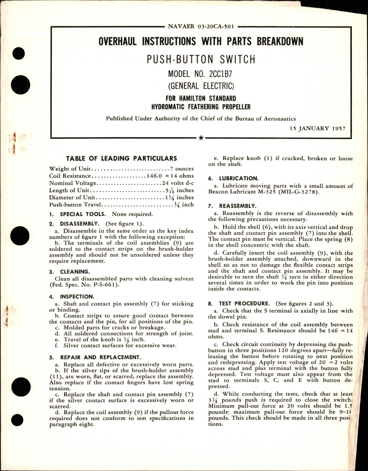 Sample page 1 from AirCorps Library document: Overhaul Instructions with Parts Breakdown for Push Button Switch - Model 2CC1B7 