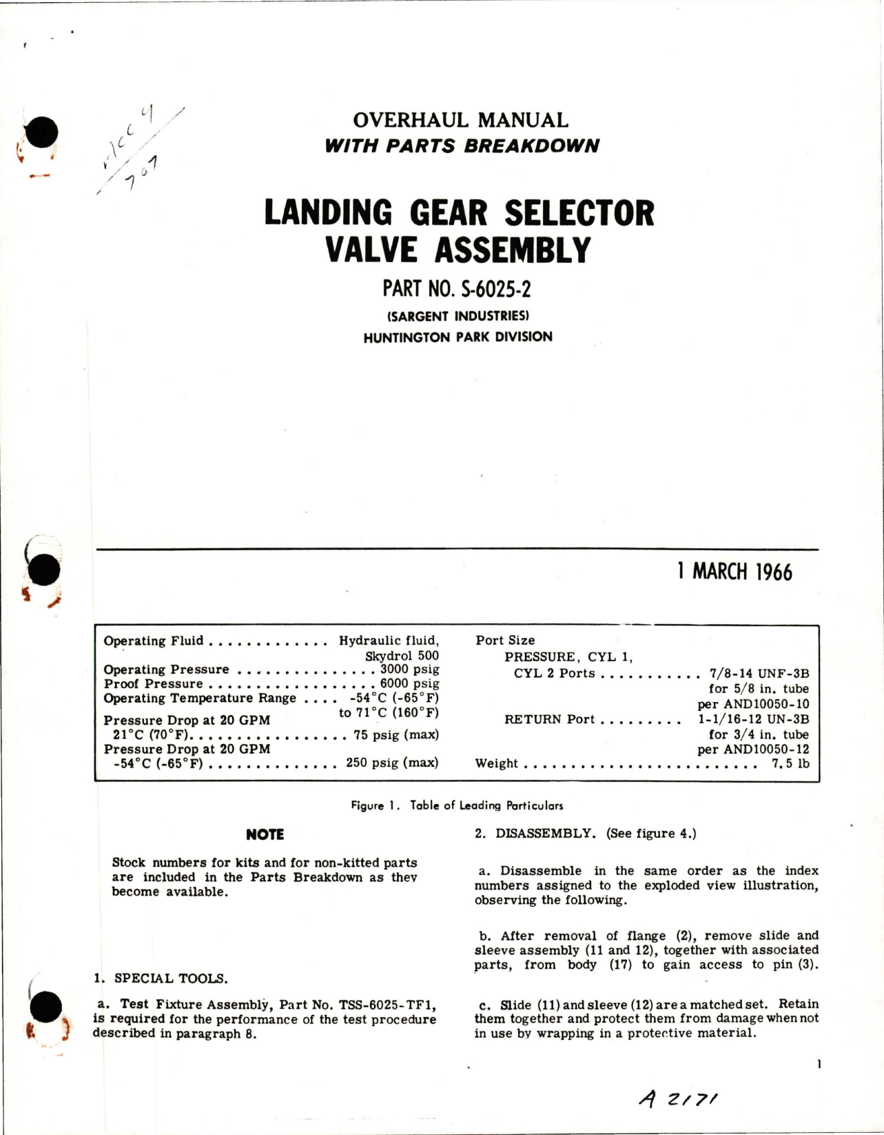 Sample page 1 from AirCorps Library document: Overhaul Manual with Parts Breakdown for Landing Gear Selector Valve Assembly - Part S-6025-2