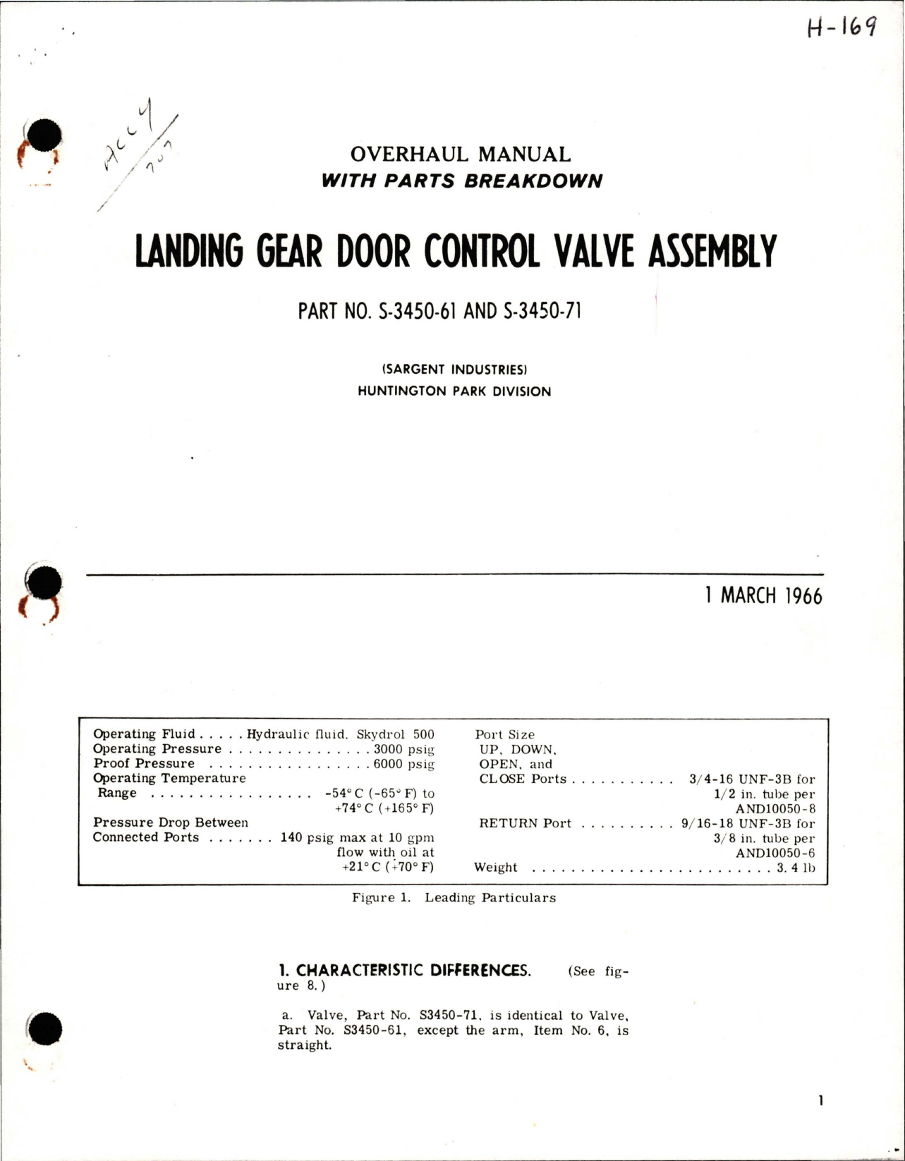 Sample page 1 from AirCorps Library document: Overhaul Manual with Parts for Landing Gear Door Control Valve Assembly - Parts S-3450-61 and S-3450-71