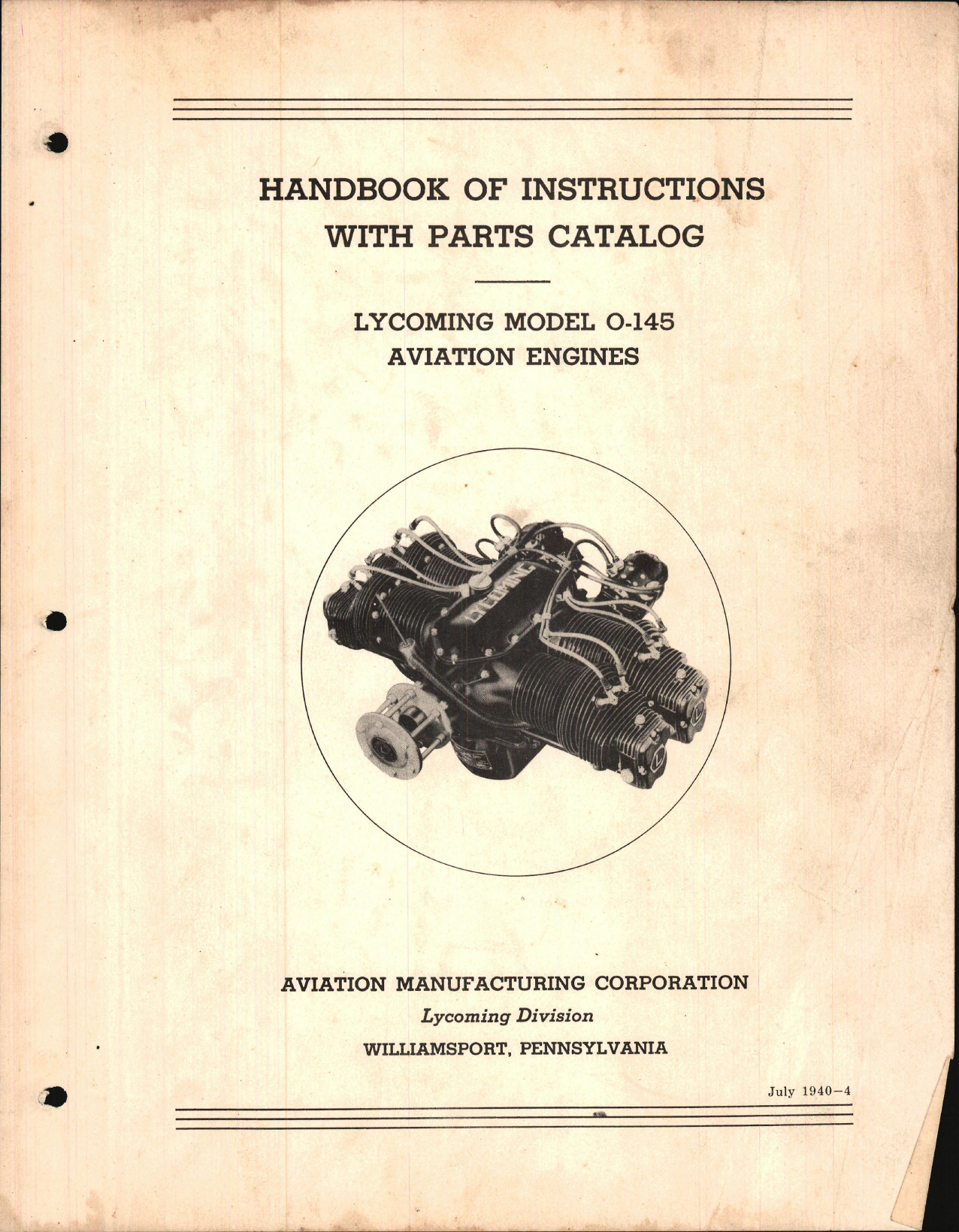 Sample page 1 from AirCorps Library document: Handbook of Instructions with Parts Catalog for Lycoming O-145 Engine