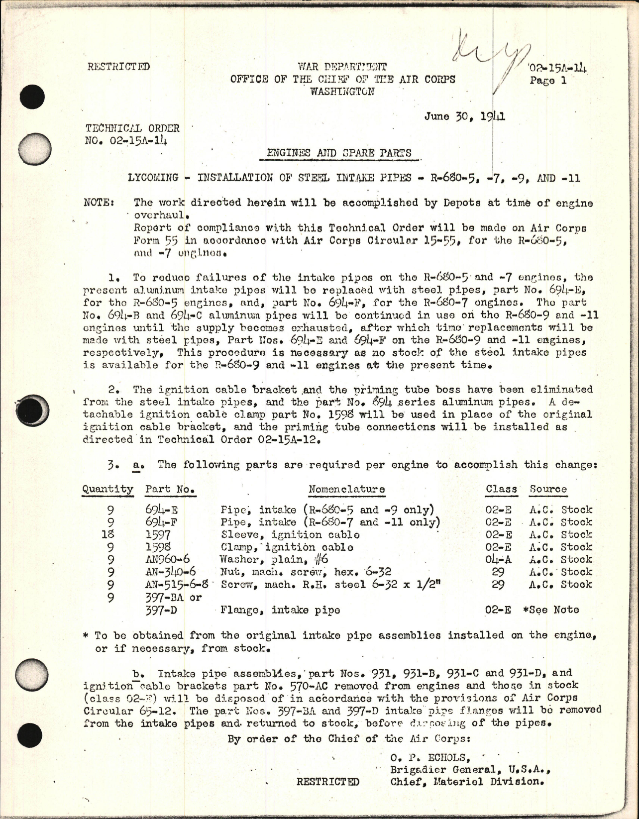 Sample page 1 from AirCorps Library document: Installation of Steel Intake Pipes for R-680-5, -7, -9, and -11