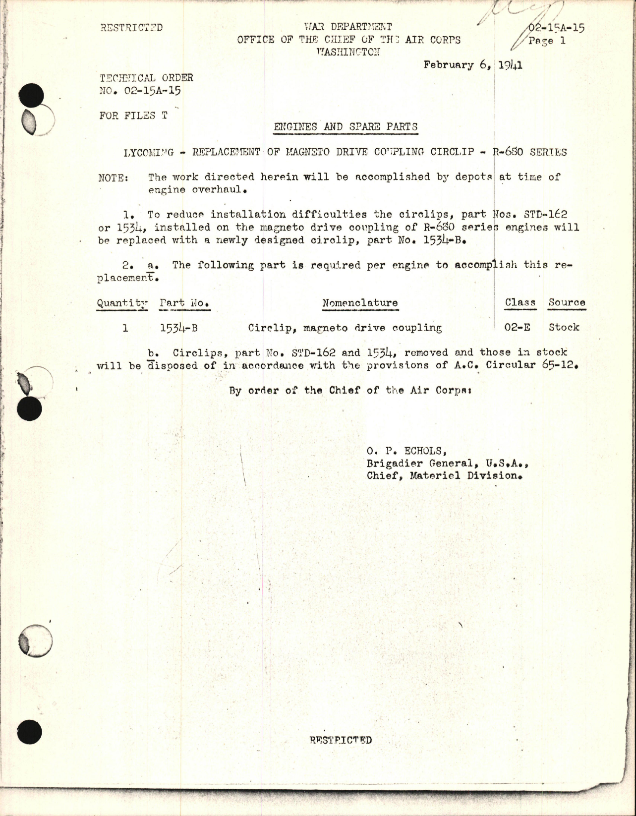 Sample page 1 from AirCorps Library document: Replacement of Magneto Drive Coupling Circlip for R-680 Series