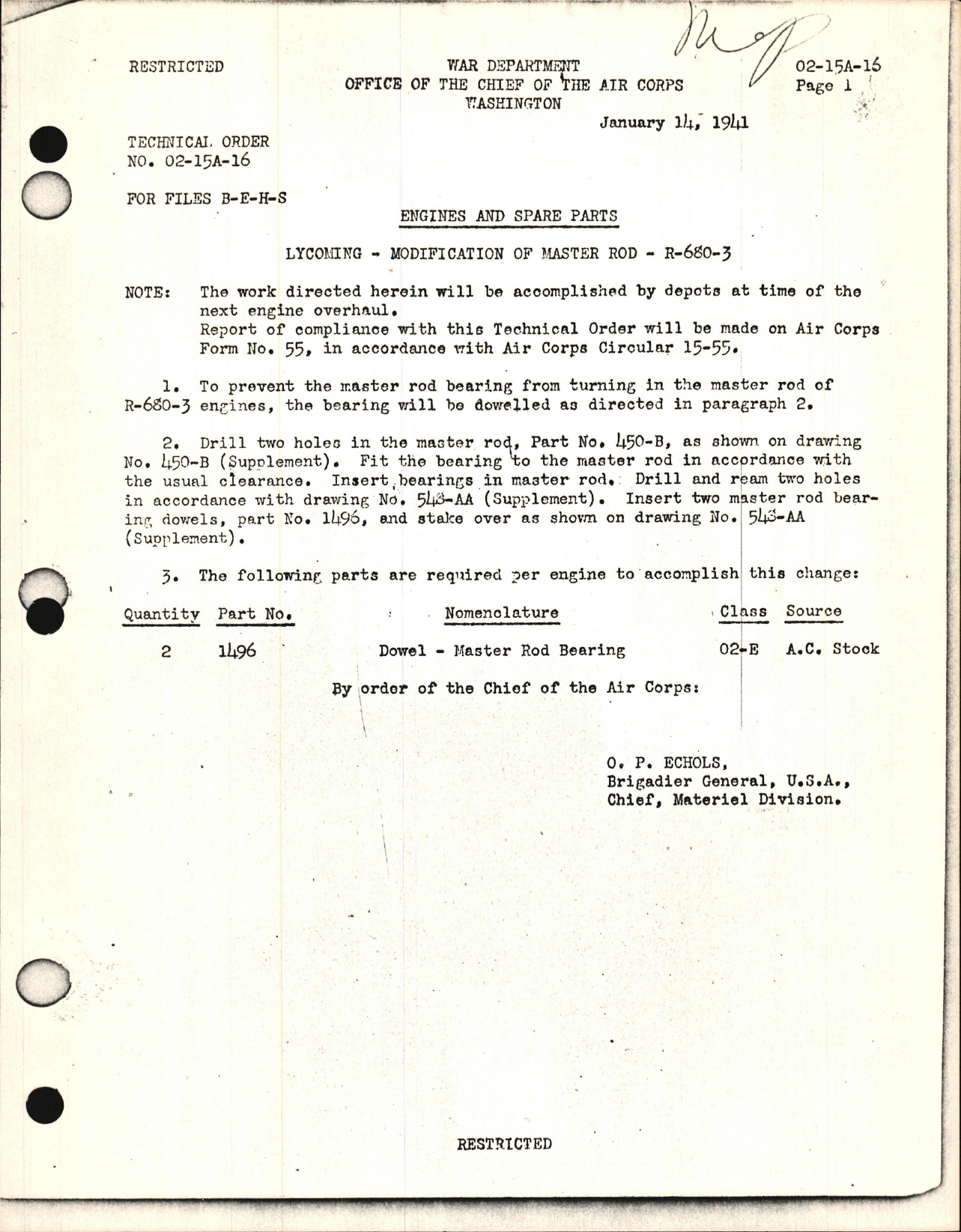 Sample page 1 from AirCorps Library document: Modification of Master Rod for R-680-3