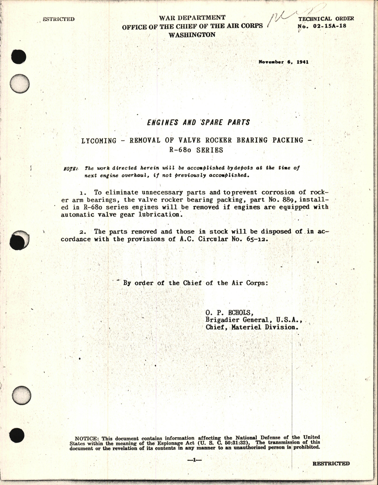 Sample page 1 from AirCorps Library document: Removal of Valve Rocker Bearing Packing for R-680 Series