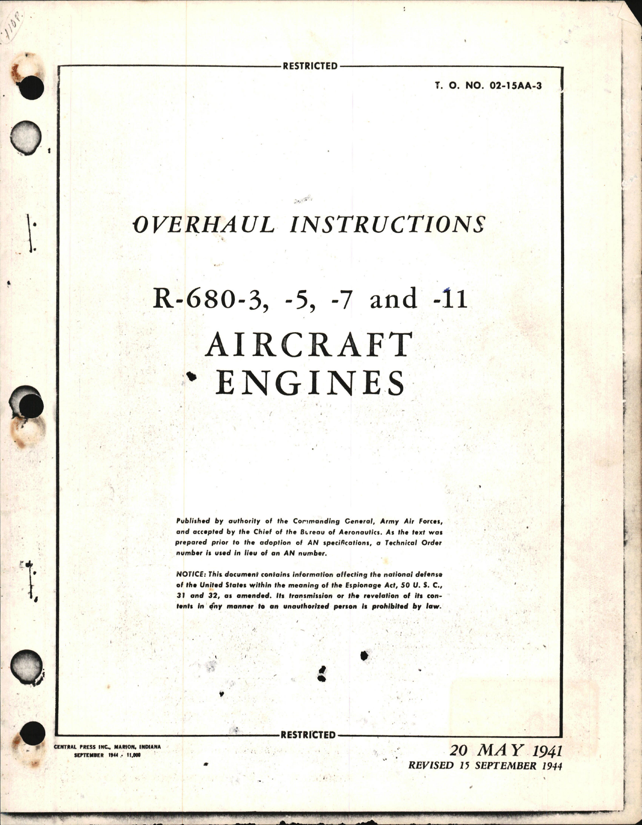 Sample page 1 from AirCorps Library document: Overhaul Instructions for R-680-3, -5, -7, and -11 Engines