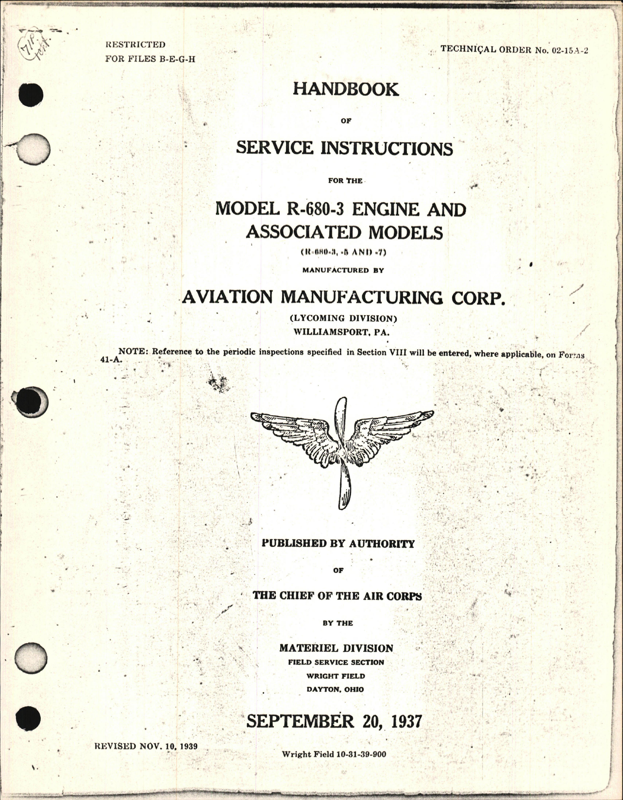 Sample page 1 from AirCorps Library document: Service Instructions for R-680-3, -5 and -7 Engines