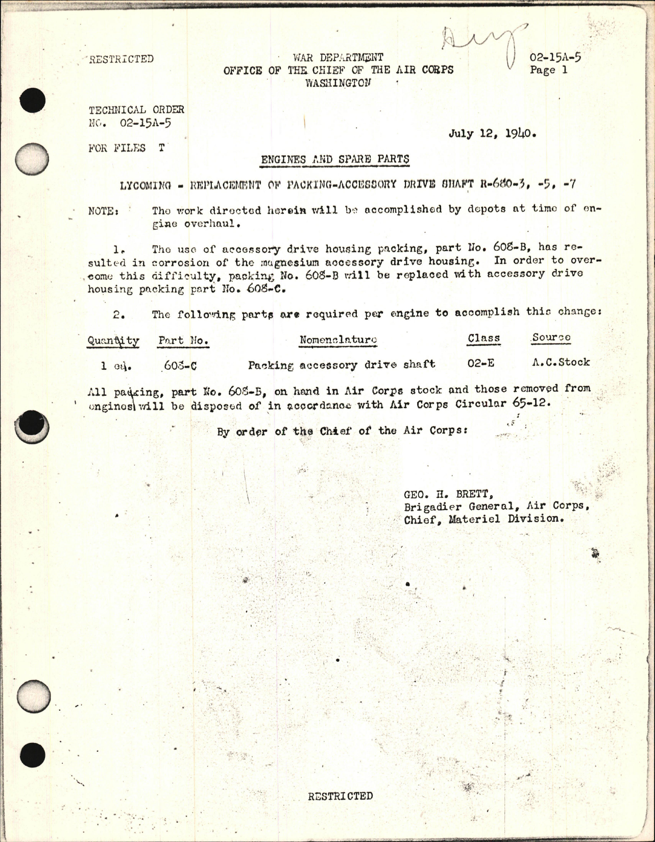 Sample page 1 from AirCorps Library document: Replacement of Packing Accessory Drive Shaft for R-680-3, -5, -7