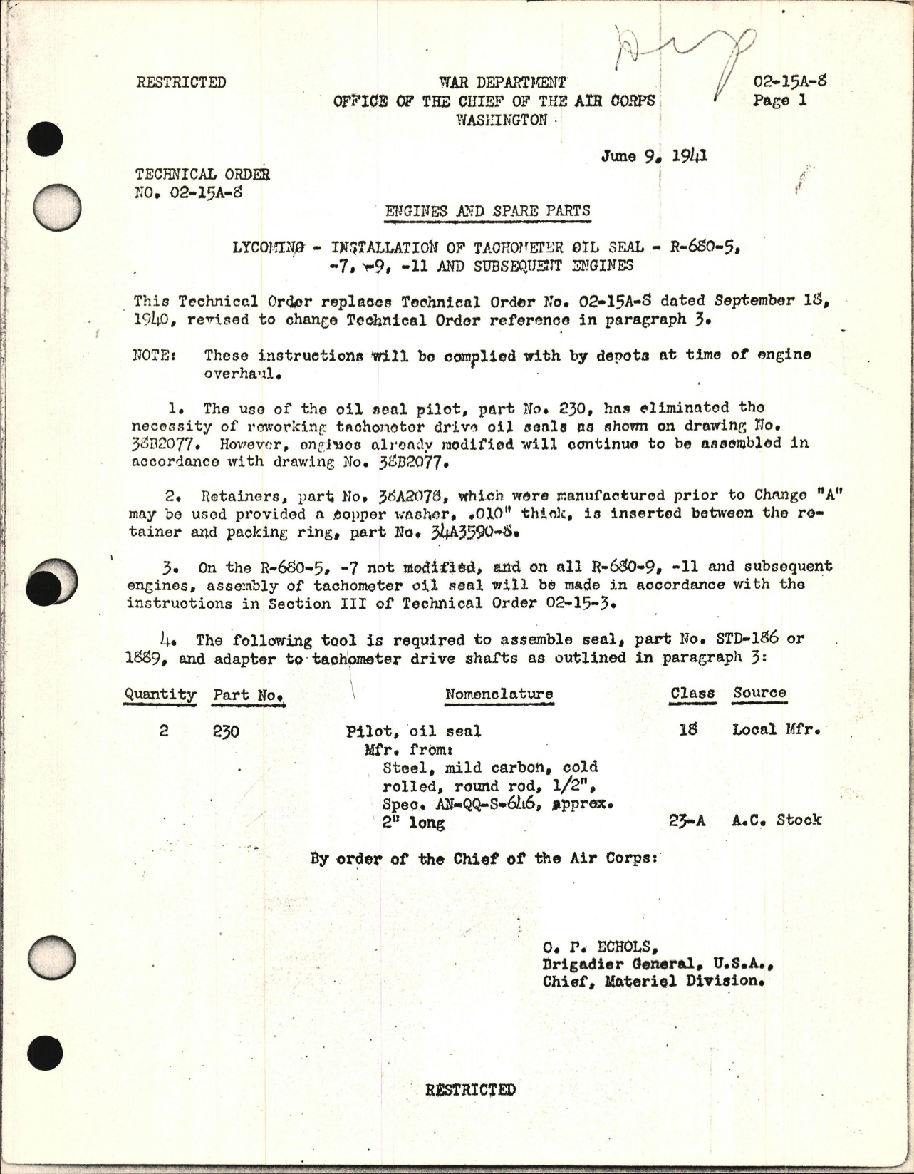 Sample page 1 from AirCorps Library document: Installation of Tach Oil Seal for R-680-5, -7, -9, and -11