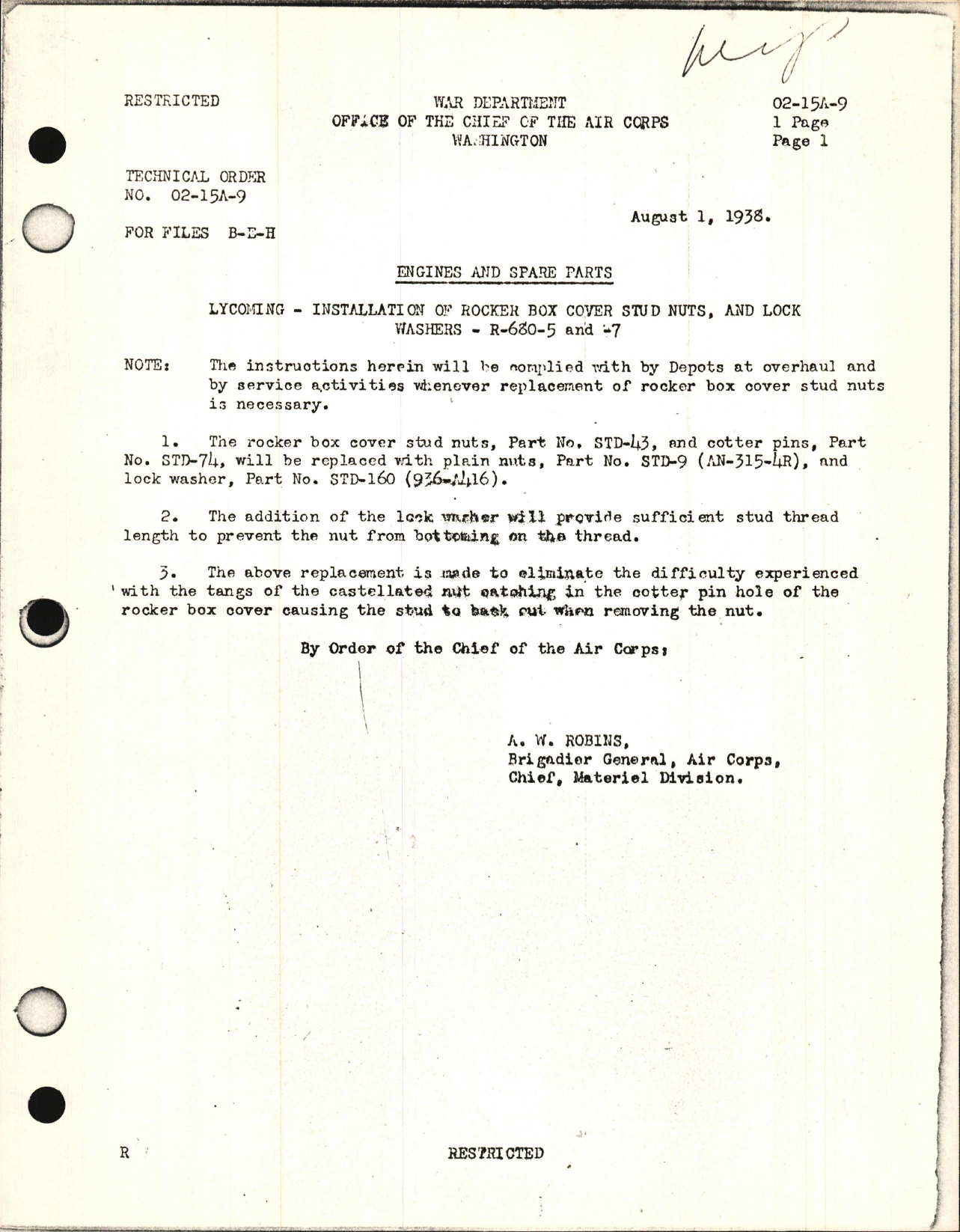 Sample page 1 from AirCorps Library document: Installation of Rocker Box Cover Stud Nuts and Lock Washer for R-680-5, and -7