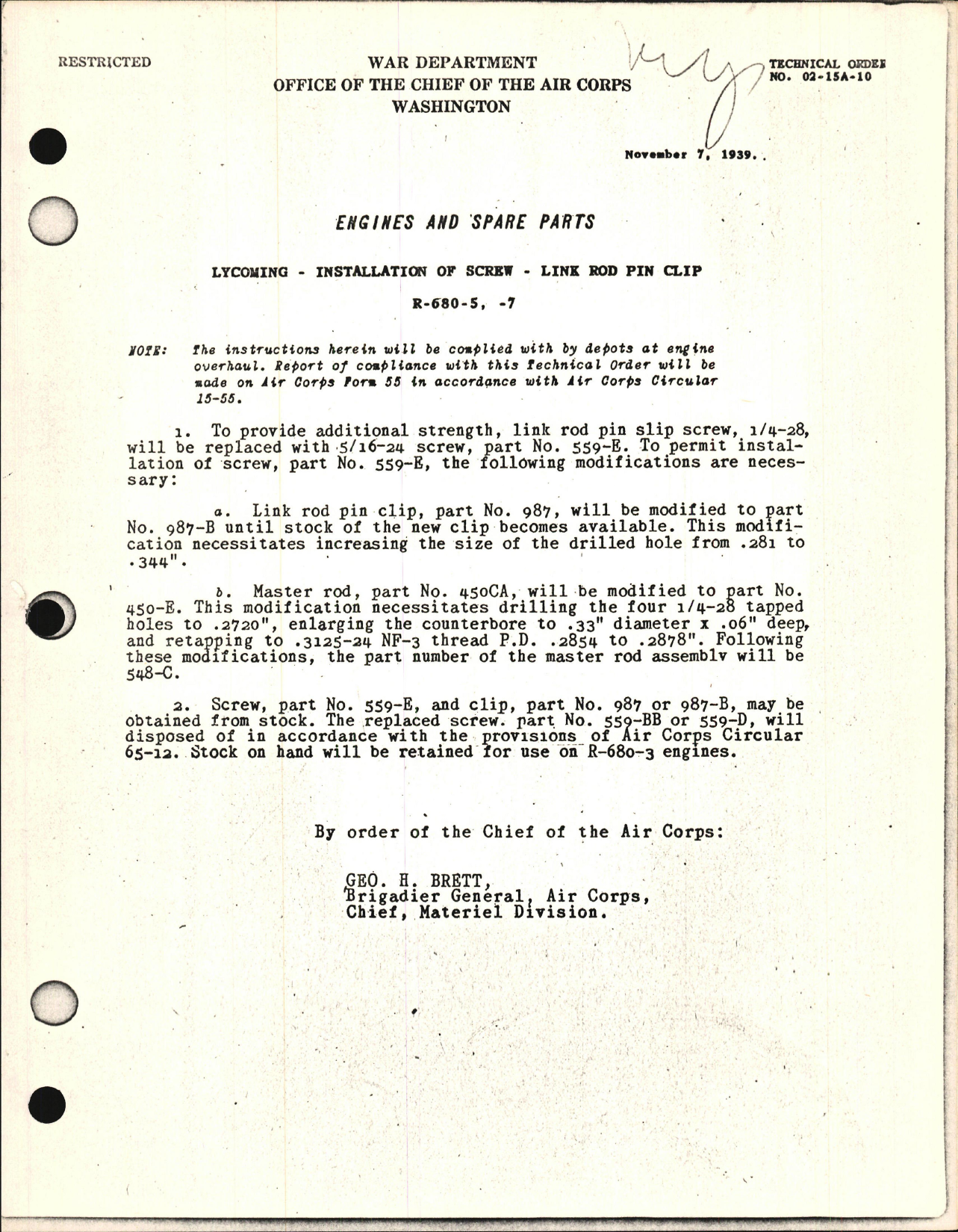Sample page 1 from AirCorps Library document: Installation of Screw Link Rod Pin Clip for R-680-5 and -7