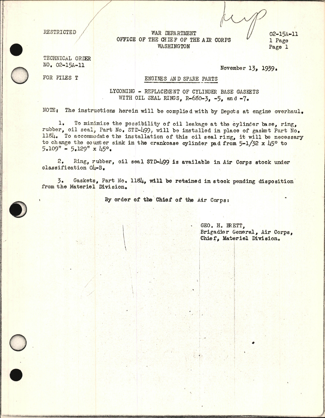 Sample page 1 from AirCorps Library document: Replacement of Cylinder Base Gaskets with Oil Seal Rings for R-680-3, -5, and -7