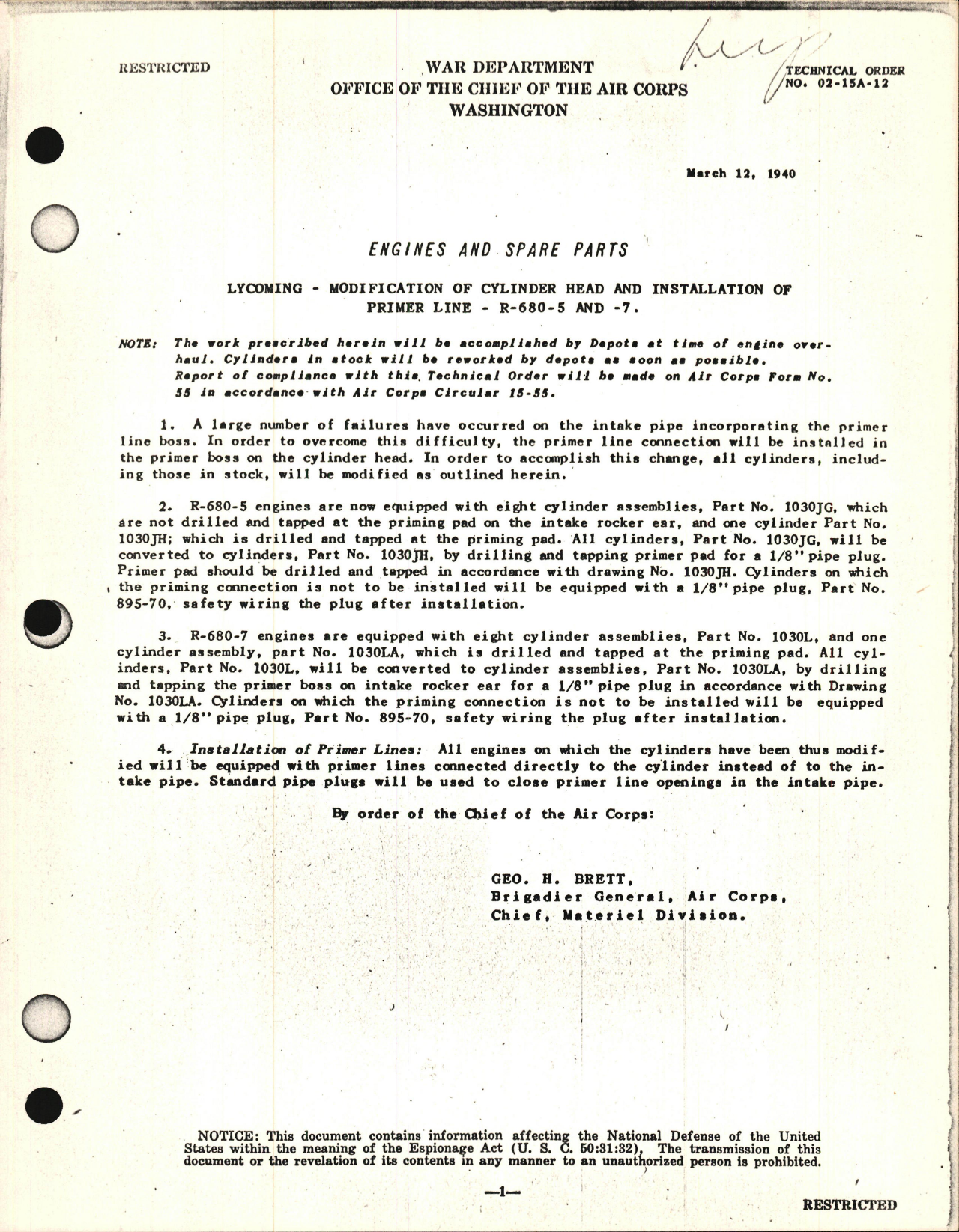 Sample page 1 from AirCorps Library document: Modification of Cylinder Head & Installation of Primer Line for R-680-5, and -7