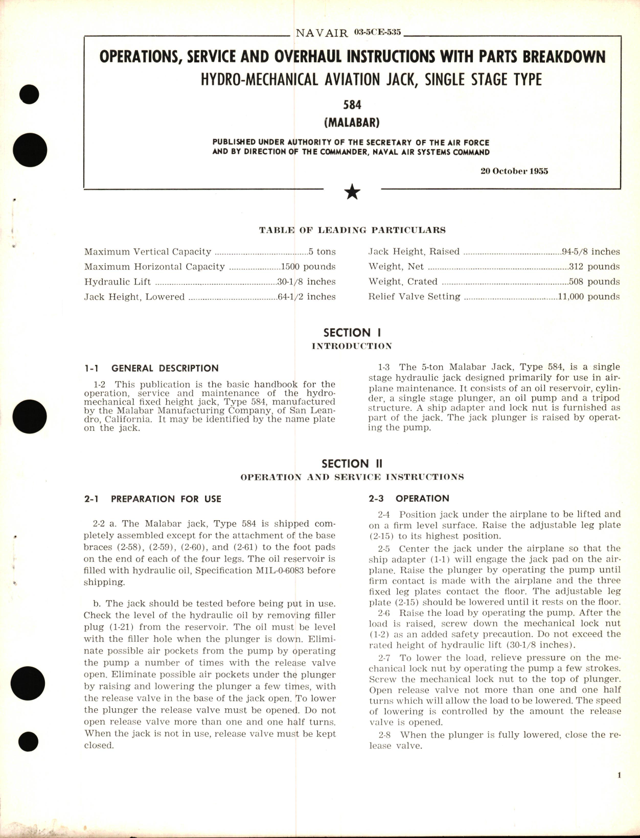 Sample page 1 from AirCorps Library document: Operation, Service, and Overhaul Instructions with Parts Breakdown for Hydro-Mechanical Aviation Jack, Single Stage Type 584
