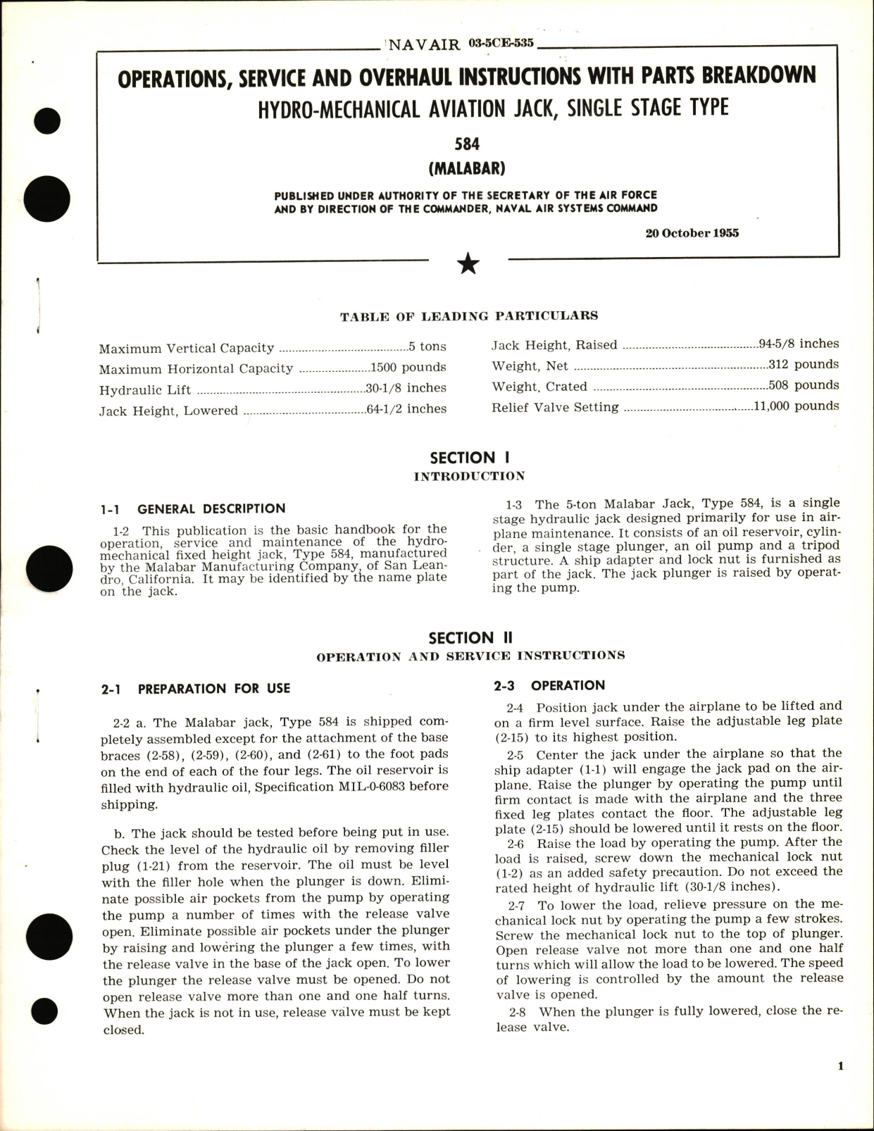 Sample page 1 from AirCorps Library document: Operation, Service and Overhaul Instructions with Parts Breakdown for Single Stage Type Hydro-Mechanical Aviation Jack 584