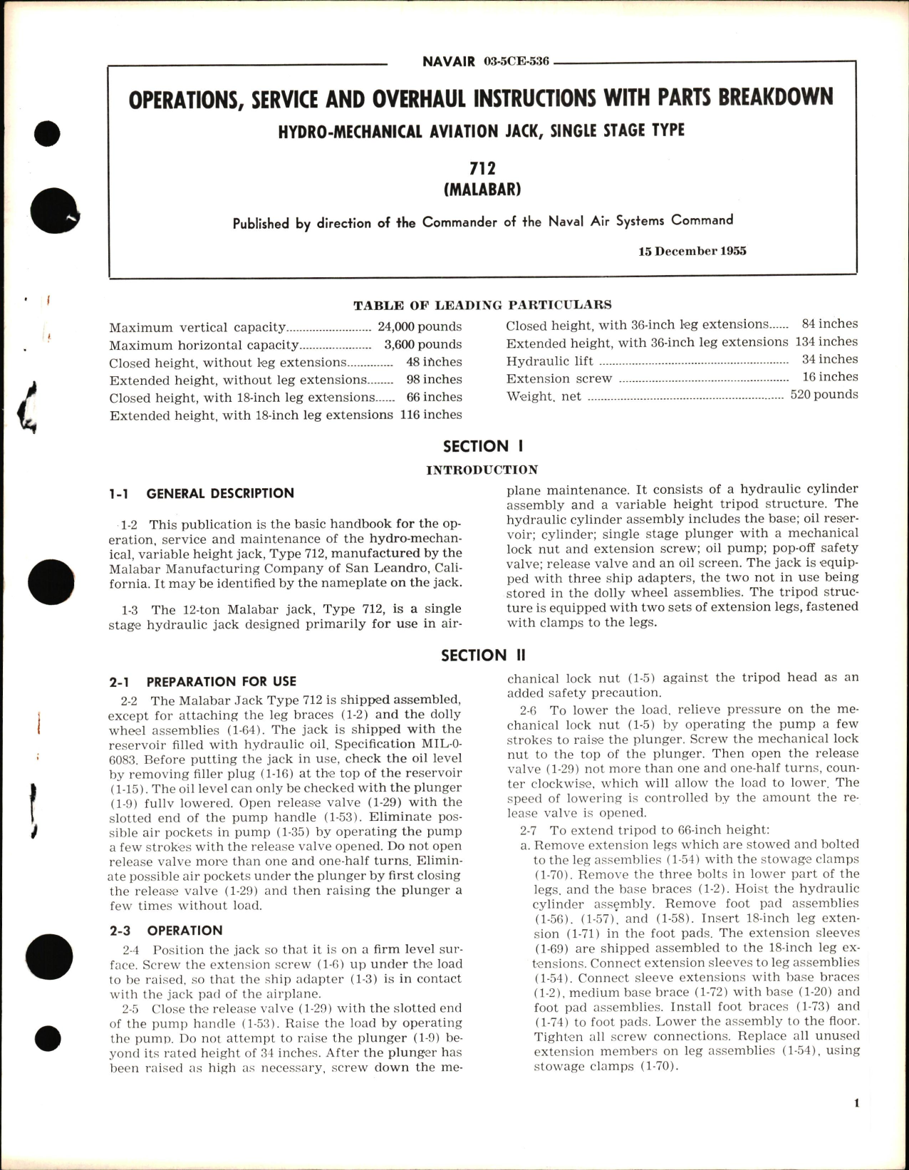 Sample page 1 from AirCorps Library document: Operation, Service and Overhaul Instructions with Parts Breakdown for Single Stage Type Hydro-Mechanical Aviation Jack 712