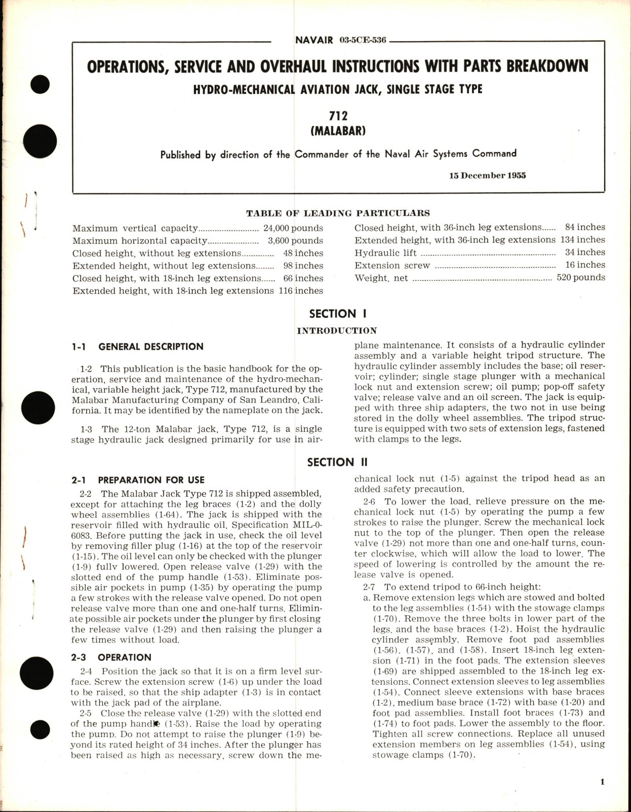 Sample page 1 from AirCorps Library document: Operation, Service, and Overhaul Instructions with Parts Breakdown for Hydro-Mechanical Aviation Jack, Single Stage Type 712