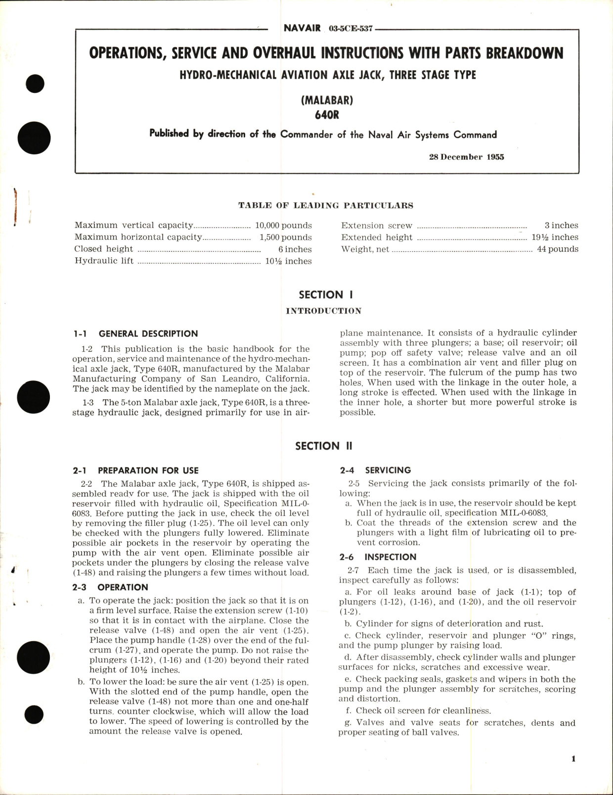 Sample page 1 from AirCorps Library document: Operation, Service, and Overhaul Instructions with Parts Breakdown for Hydro-Mechanical Aviation Axle Jack, Three Stage Type 640R