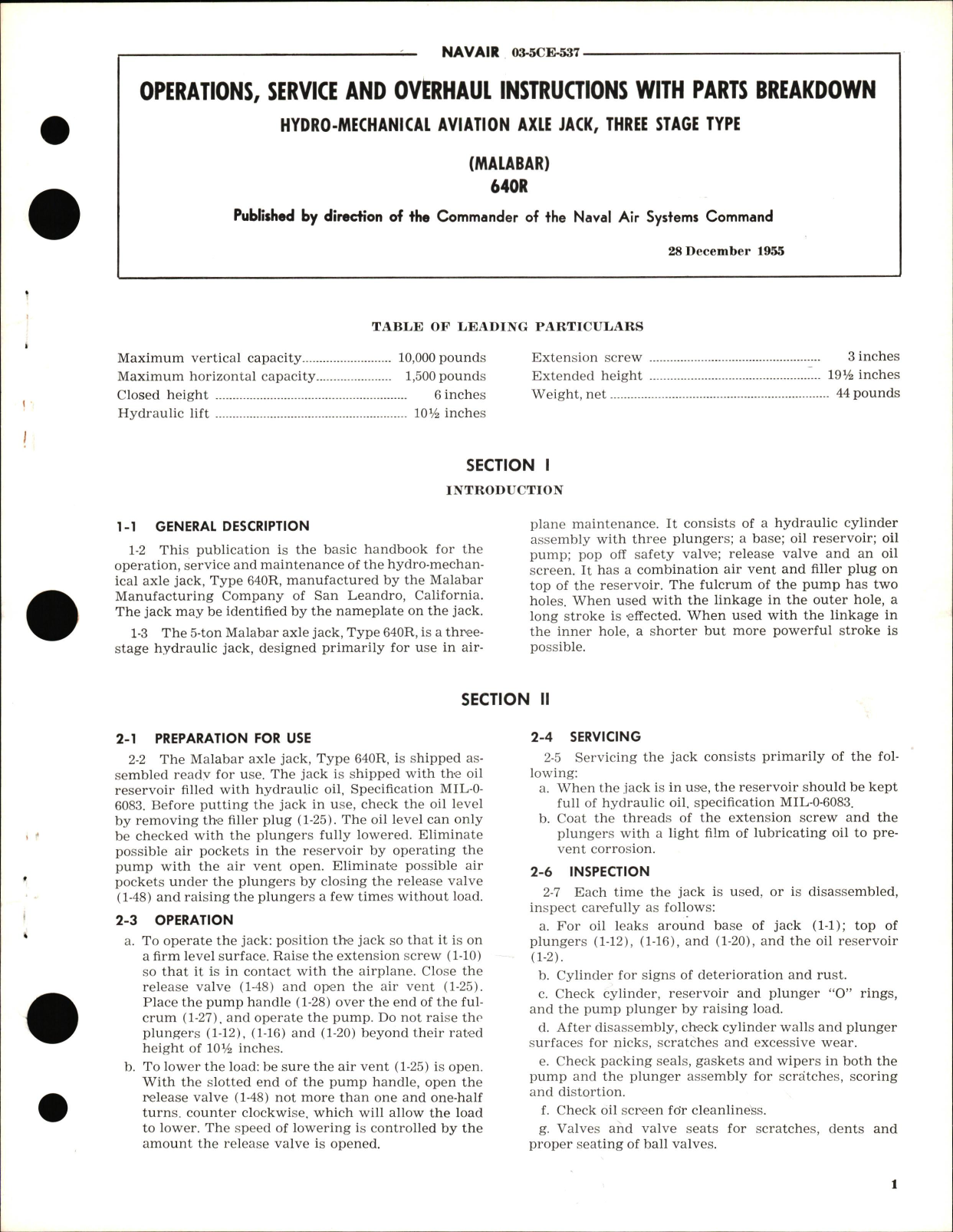 Sample page 1 from AirCorps Library document: Operation, Service and Overhaul Instructions with Parts Breakdown for Three Stage Type Hydro-Mechanical Aviation Axle Jack 640R