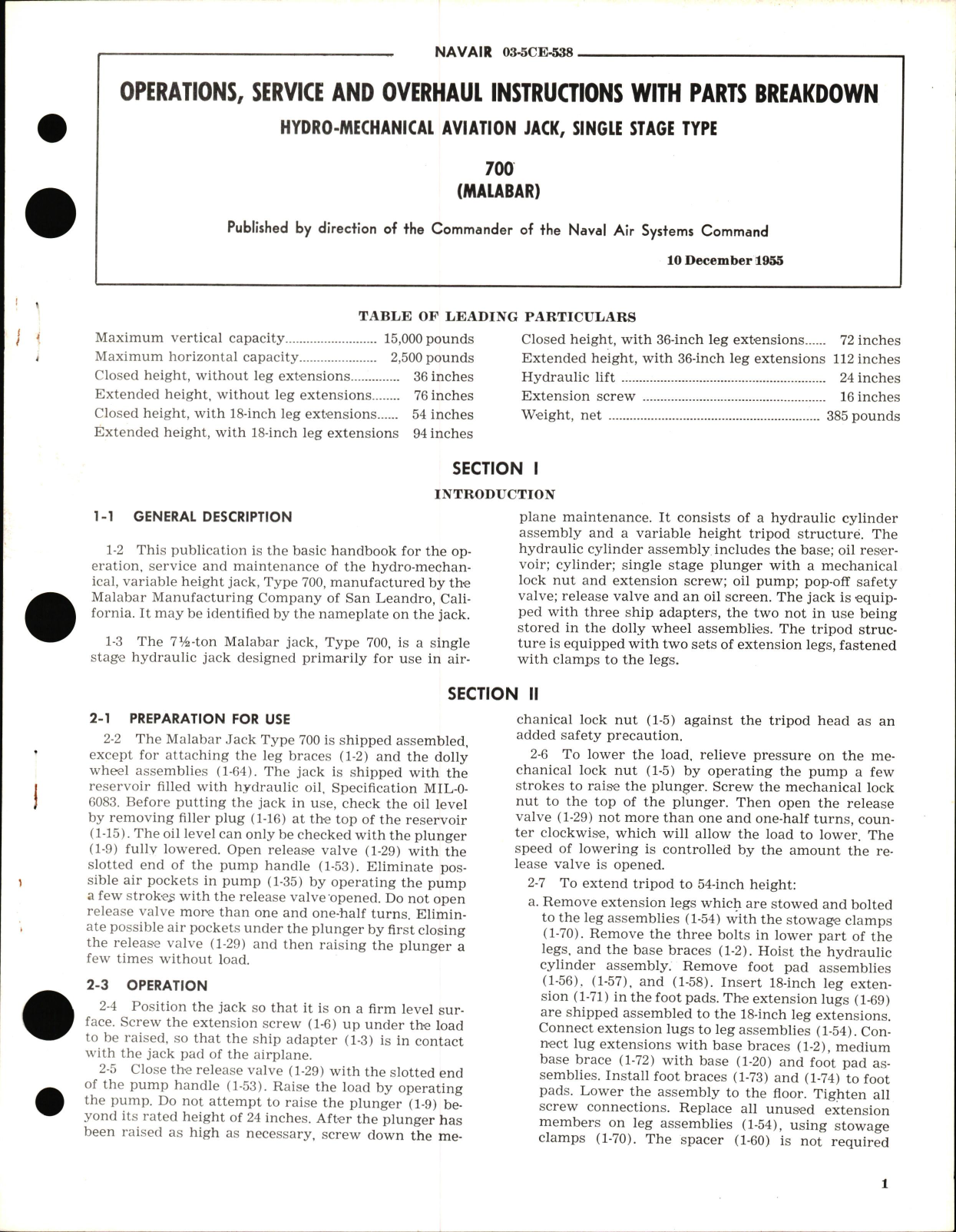 Sample page 1 from AirCorps Library document: Operation, Service and Overhaul Instructions with Parts Breakdown for Hydro-Mechanical Aviation Jack, Single Stage Type 700