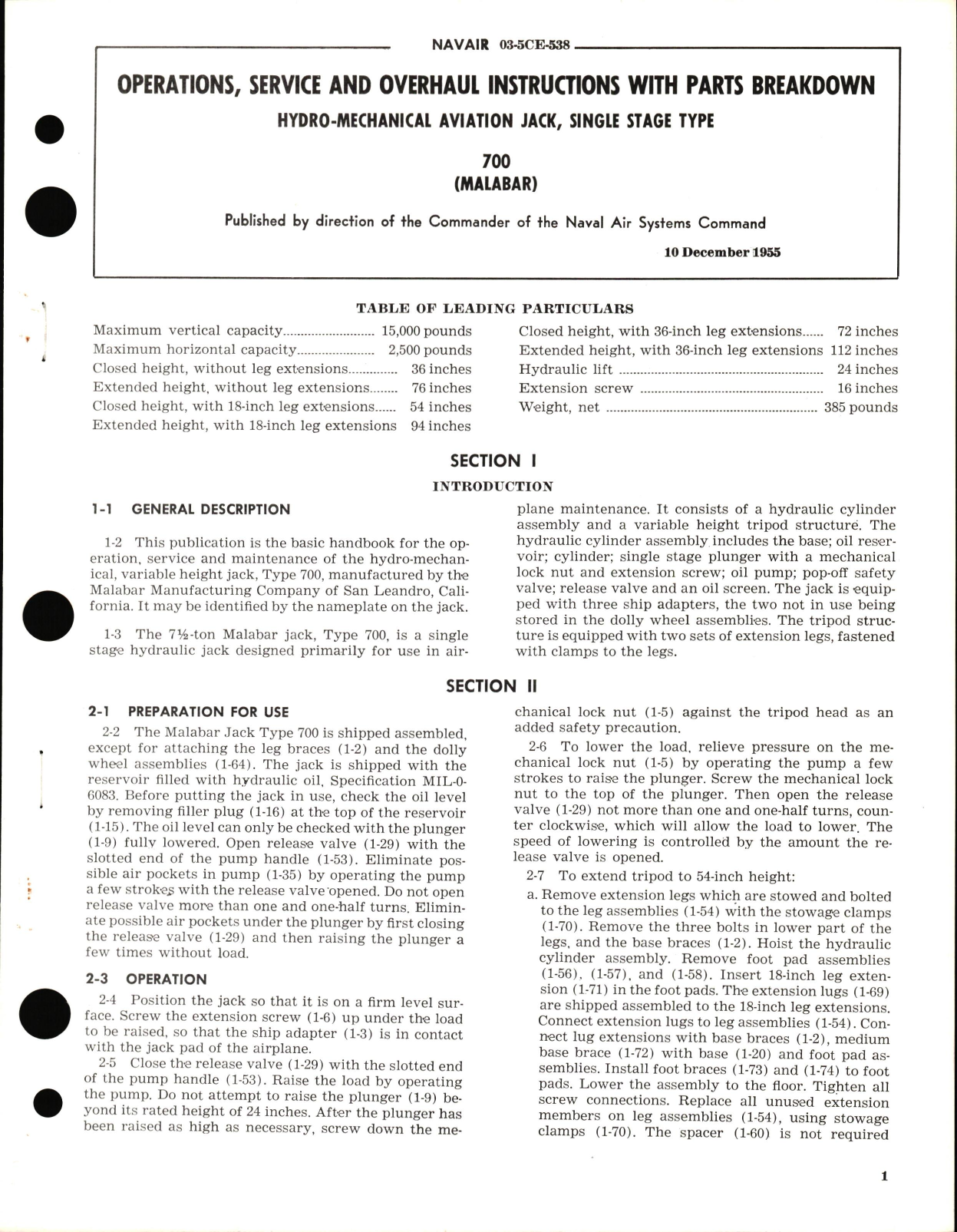 Sample page 1 from AirCorps Library document: Operation, Service, and Overhaul Instructions with Parts Breakdown for Single Stage Type Hydro-Mechanical Aviation Jack 700