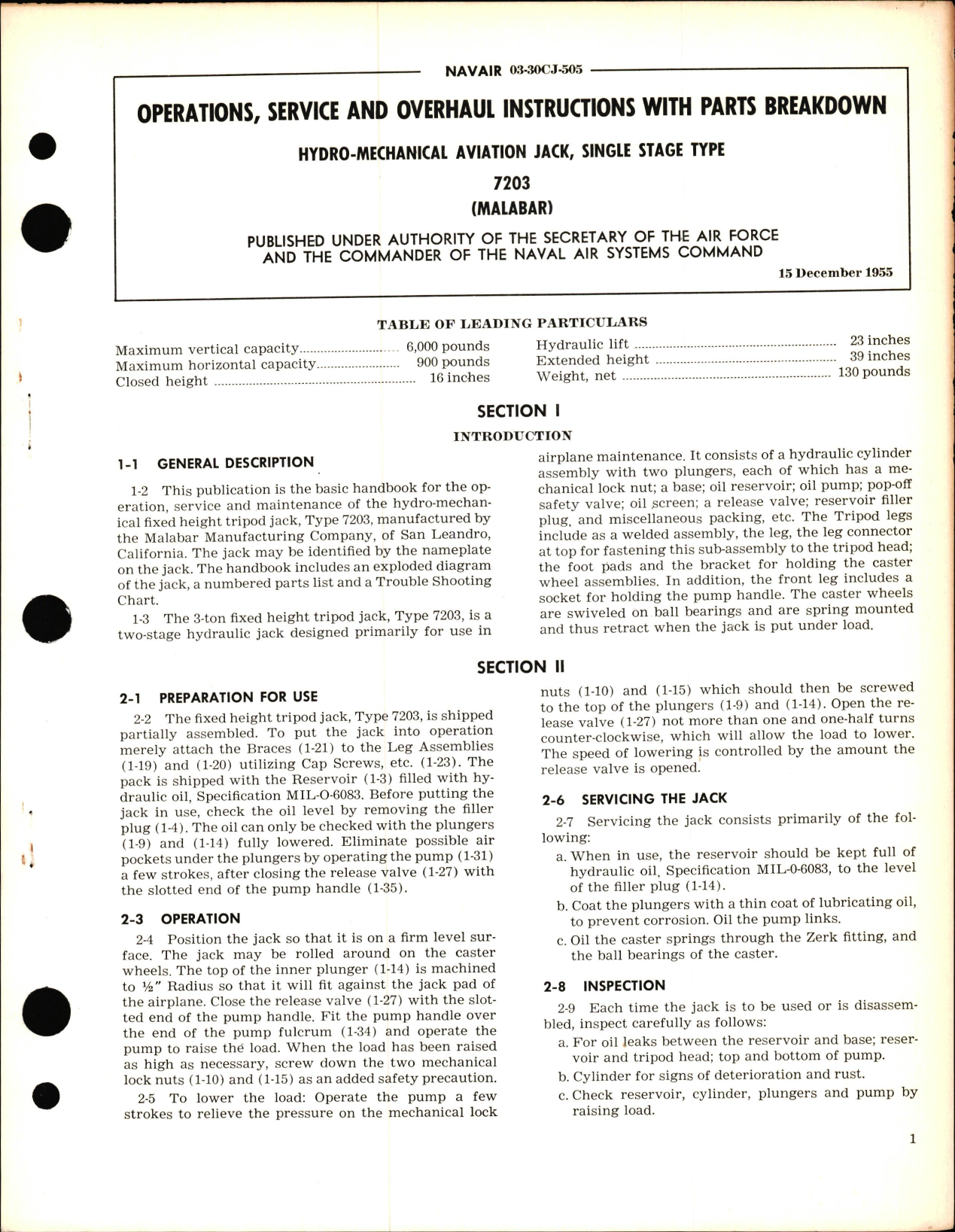 Sample page 1 from AirCorps Library document: Operation, Service and Overhaul Instructions with Parts Breakdown for Hydro-Mechanical Aviation Jack, Single Stage Type 7203