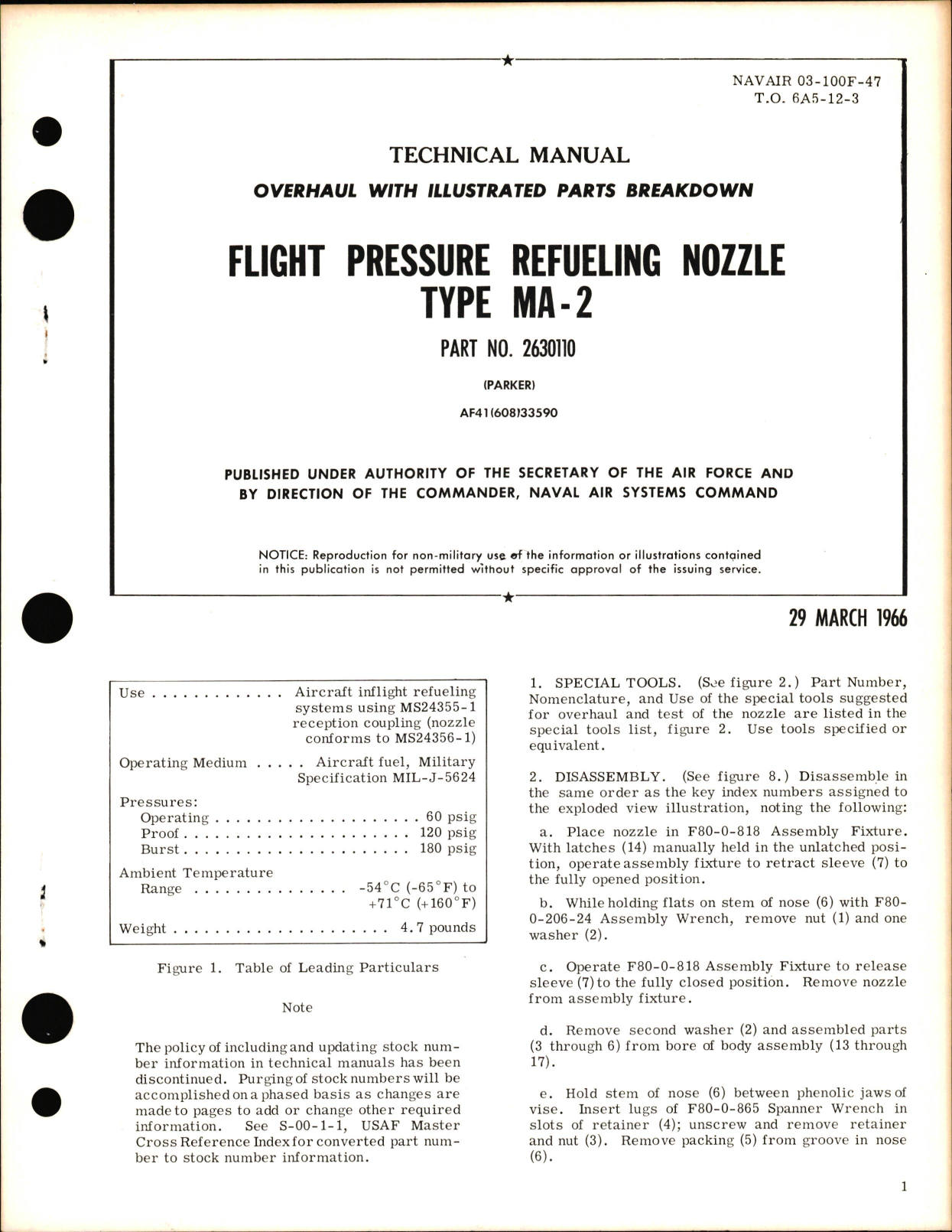 Sample page 1 from AirCorps Library document: Overhaul Instructions with Parts Breakdown for Flight Pressure Refueling Nozzle Type Ma-2 Part No. 2630110