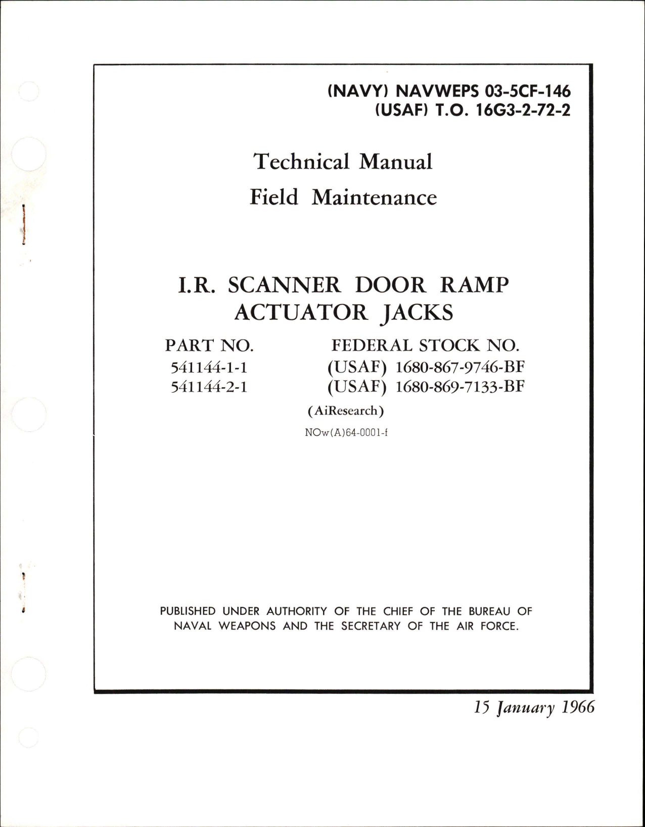 Sample page 1 from AirCorps Library document: Field Maintenance for I.R. Scanner Door Ramp Actuator Jacks - Parts 541144-1-1 and 541144-2-1