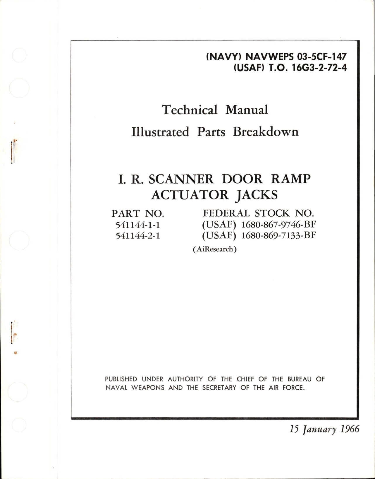 Sample page 1 from AirCorps Library document: Illustrated Parts Breakdown for I.R. Scanner Door Ramp Actuator Jacks - Parts 541144-1-1, and 541144-2-1